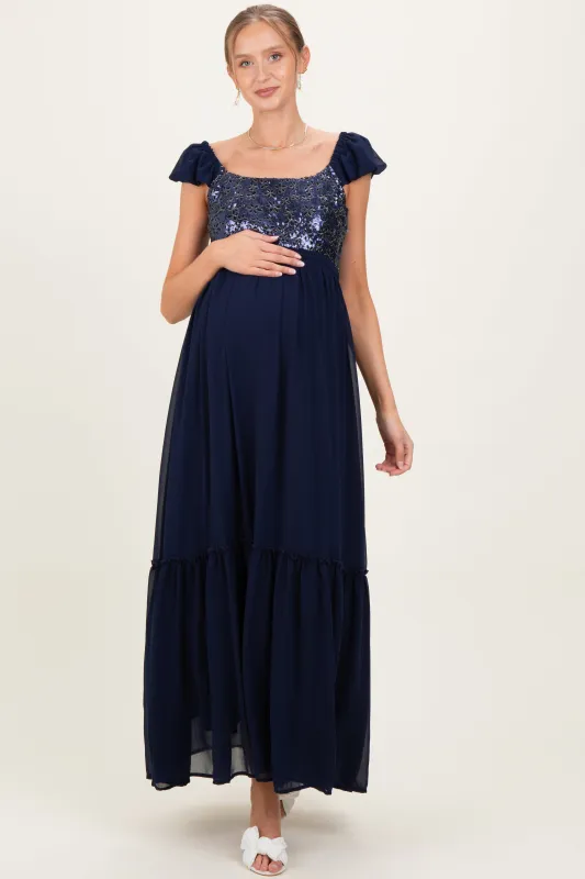Navy Chiffon Sequin Bodice Maternity Maxi Dress sold by Pinkblush