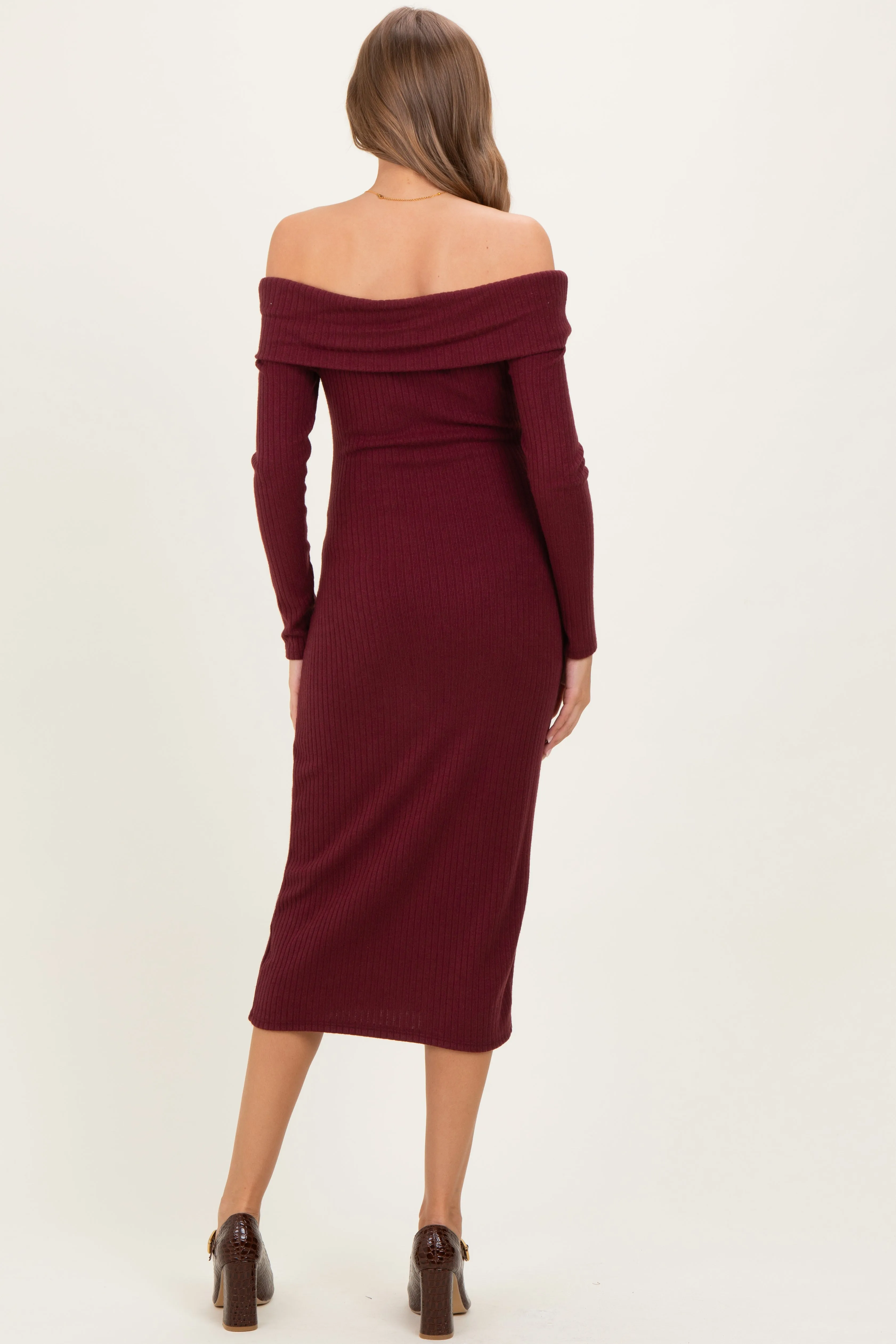 Burgundy Knit Off Shoulder Bow Detail Maternity Midi Dress sold by Pinkblush product image thumbnail 4