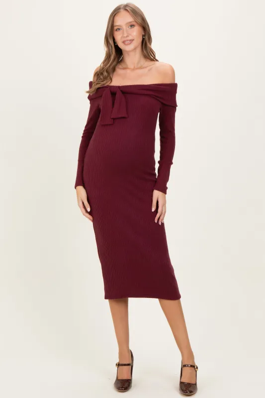 Burgundy Knit Off Shoulder Bow Detail Maternity Midi Dress sold by Pinkblush