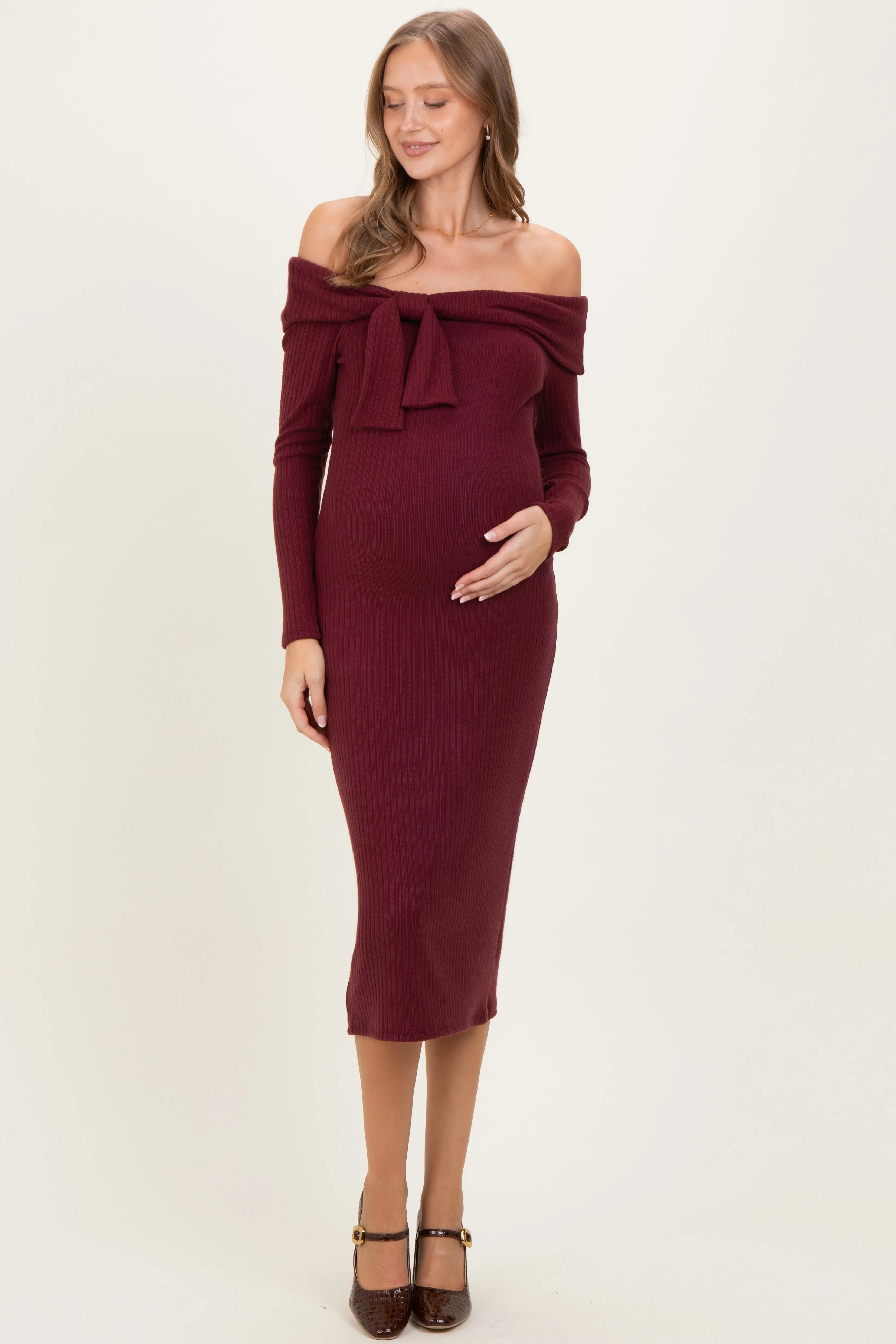 Burgundy Knit Off Shoulder Bow Detail Maternity Midi Dress sold by Pinkblush product image thumbnail 2