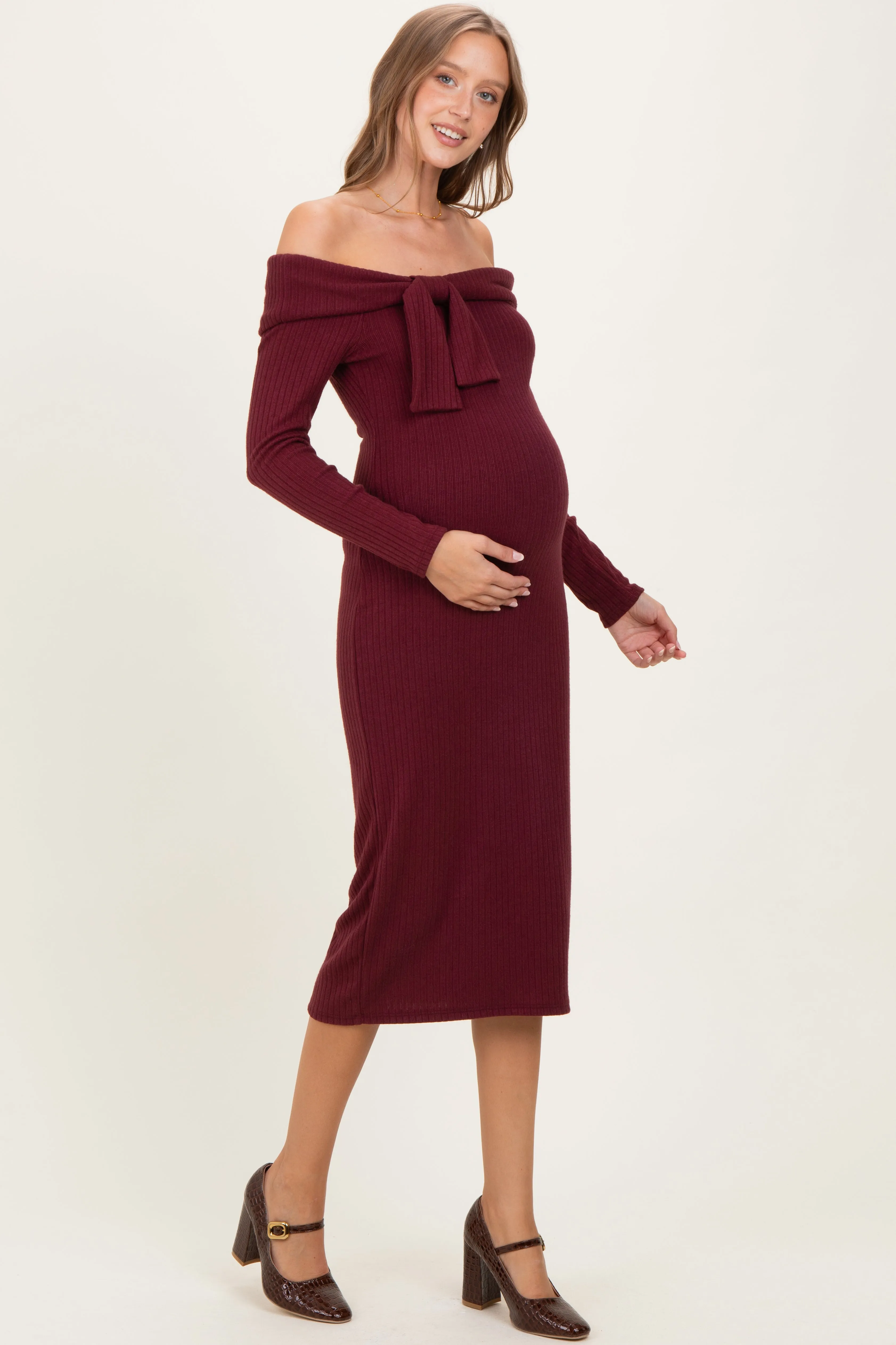 Burgundy Knit Off Shoulder Bow Detail Maternity Midi Dress sold by Pinkblush product image thumbnail 3