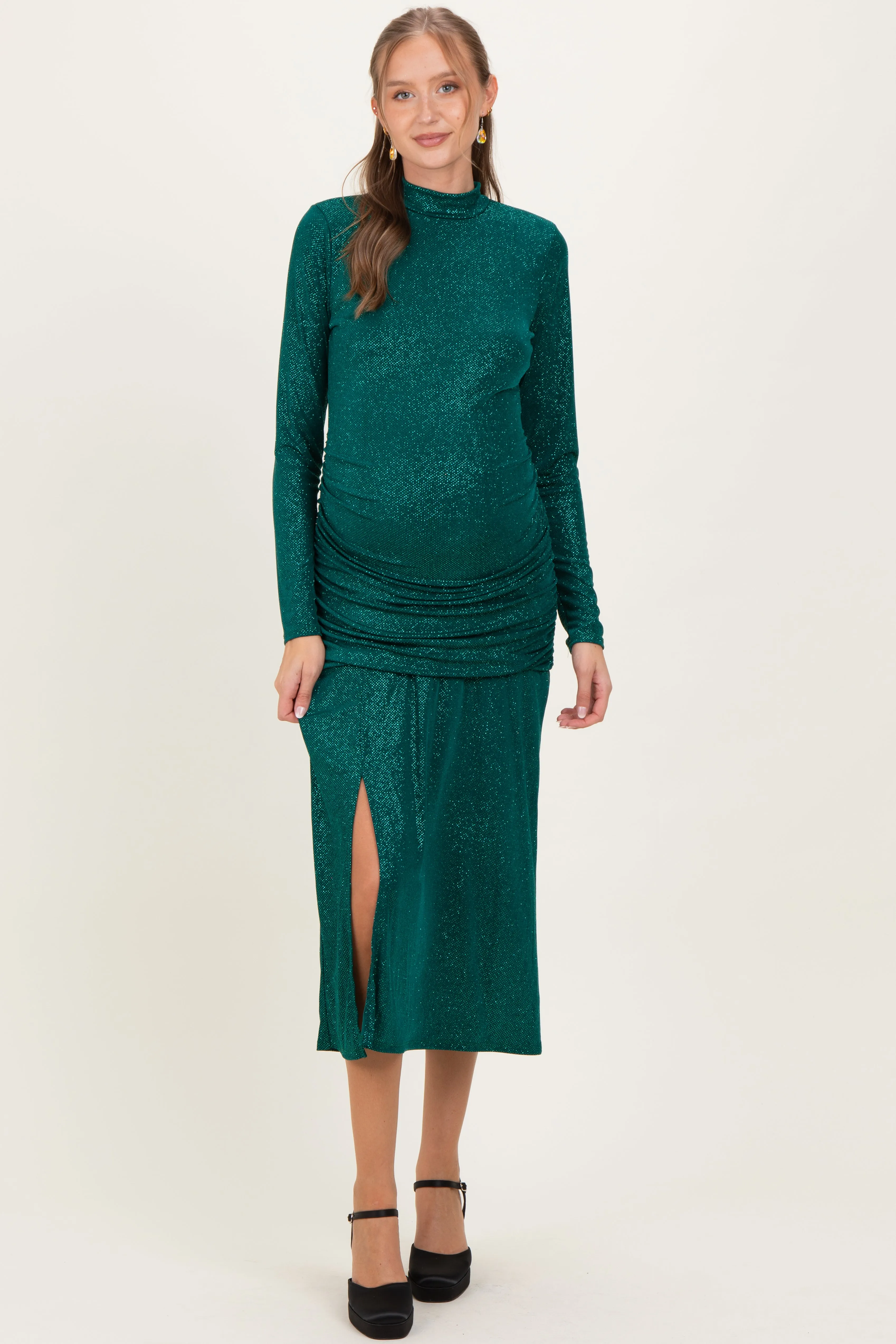 Green Sequin Long Sleeve Mock Neck Maternity Maxi Dress sold by Pinkblush