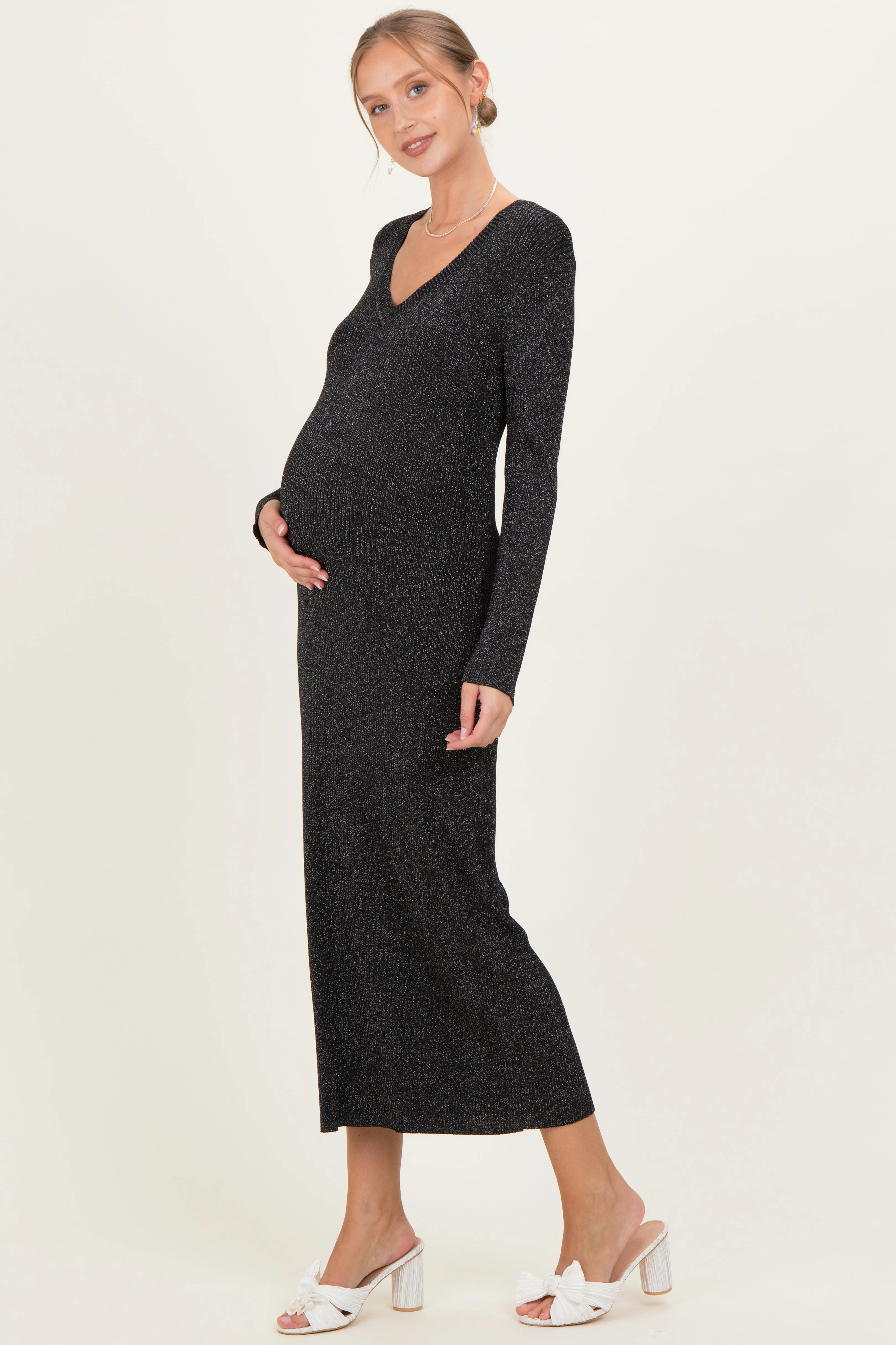 Black Shimmer Ribbed Knit Maternity Maxi Dress sold by Pinkblush product image thumbnail 2