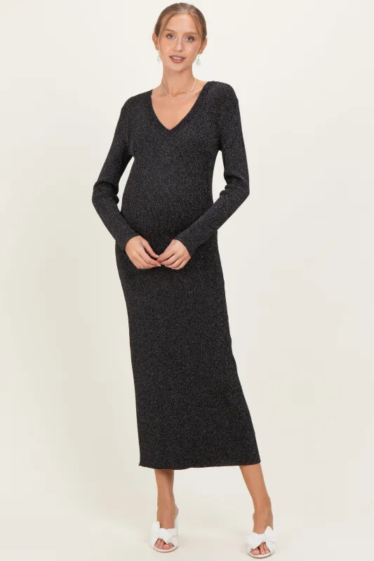 Black Shimmer Ribbed Knit Maternity Maxi Dress sold by Pinkblush