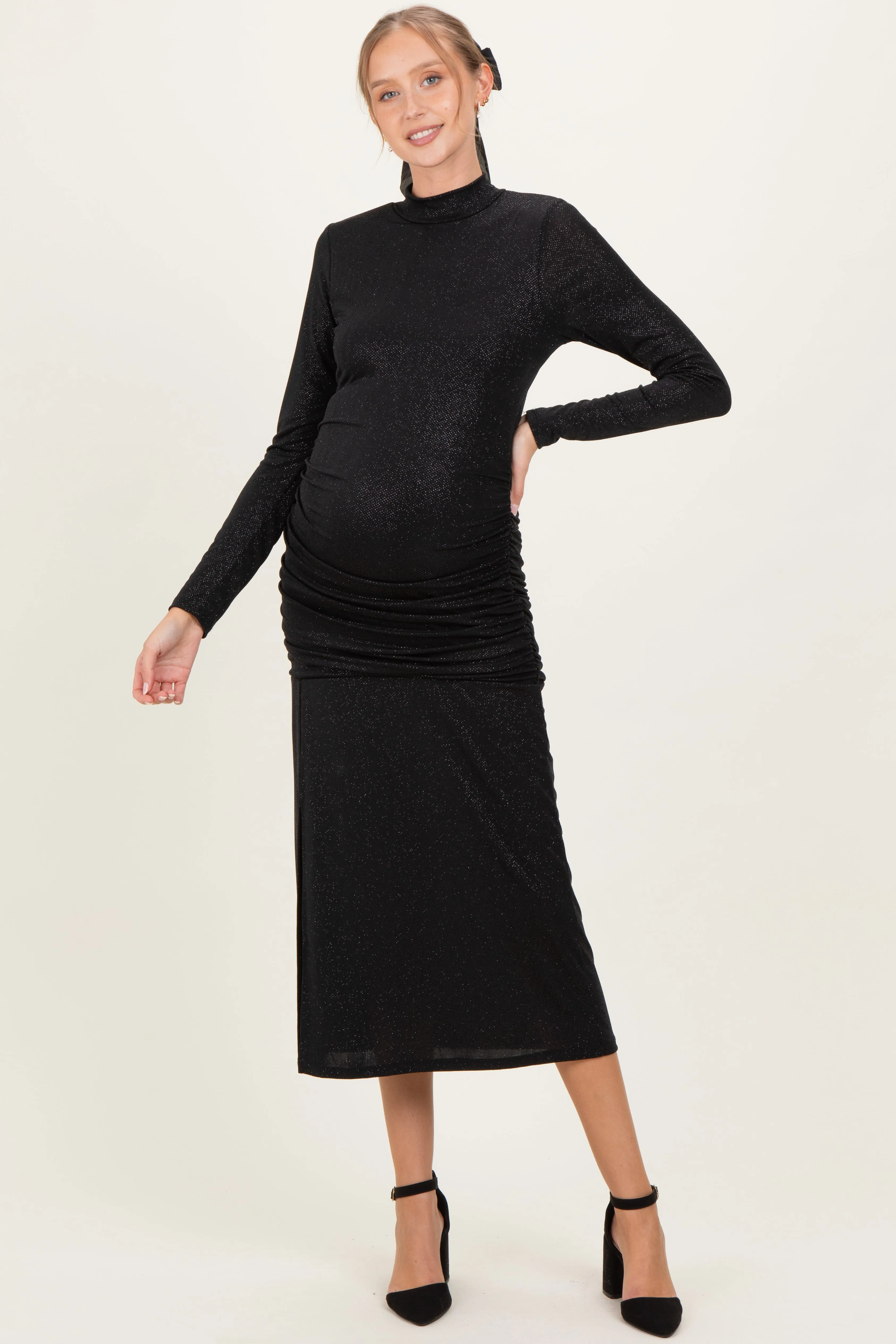 Black Sequin Long Sleeve Mock Neck Maternity Maxi Dress sold by Pinkblush product image thumbnail 2