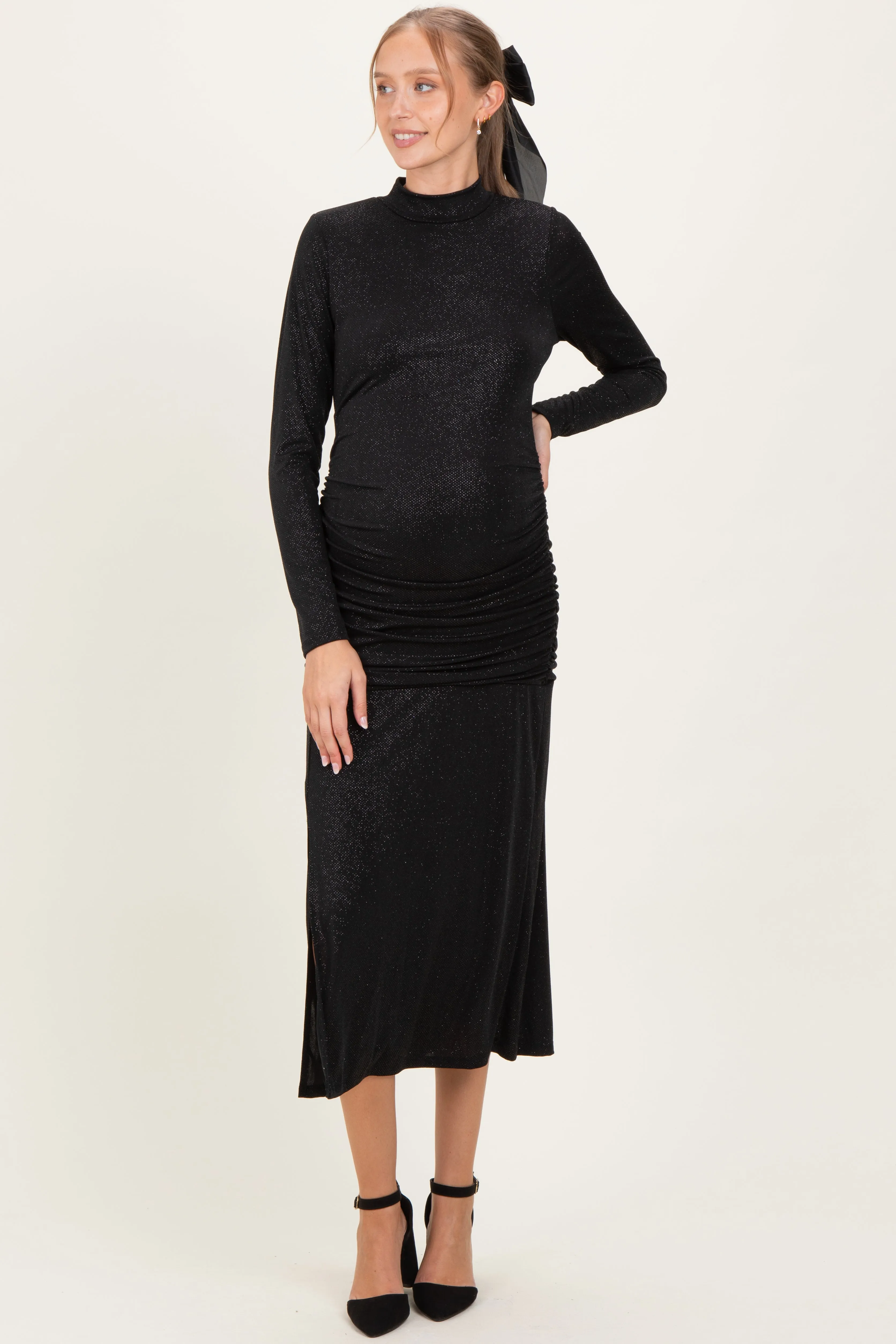 Black Sequin Long Sleeve Mock Neck Maternity Maxi Dress sold by Pinkblush