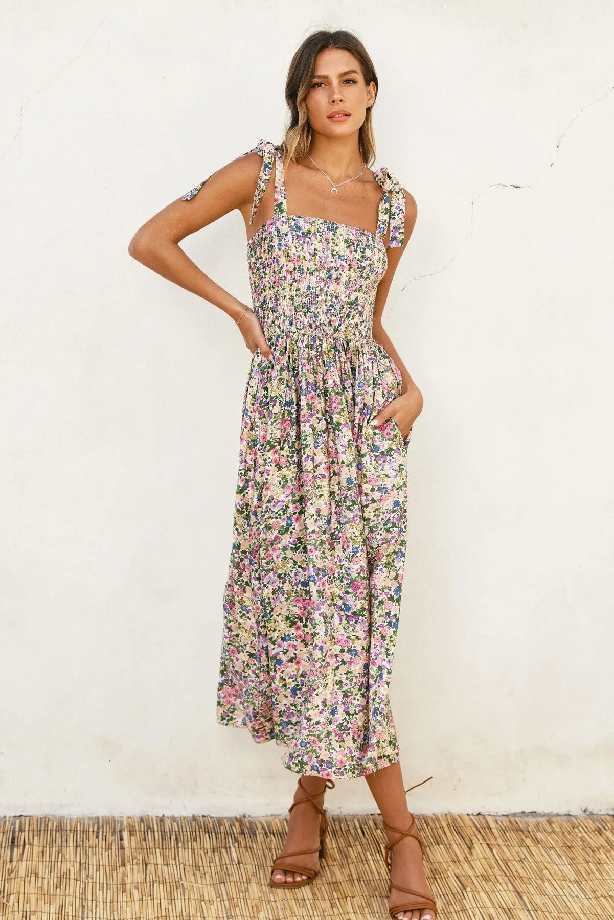Pink Floral Smocked Shoulder Tie Maternity Midi Dress sold by Pinkblush product image thumbnail 5