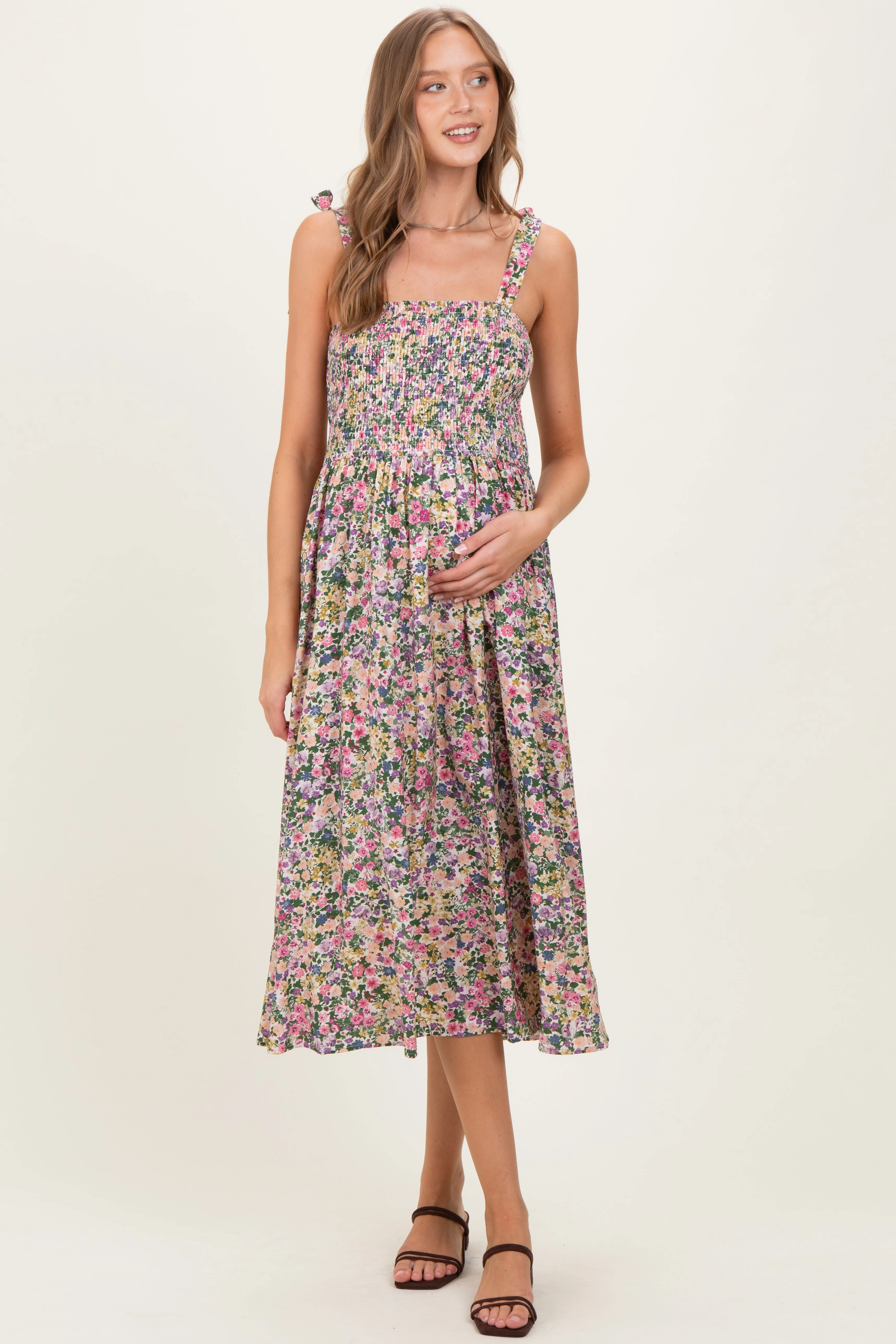 Pink Floral Smocked Shoulder Tie Maternity Midi Dress sold by Pinkblush product image thumbnail 2