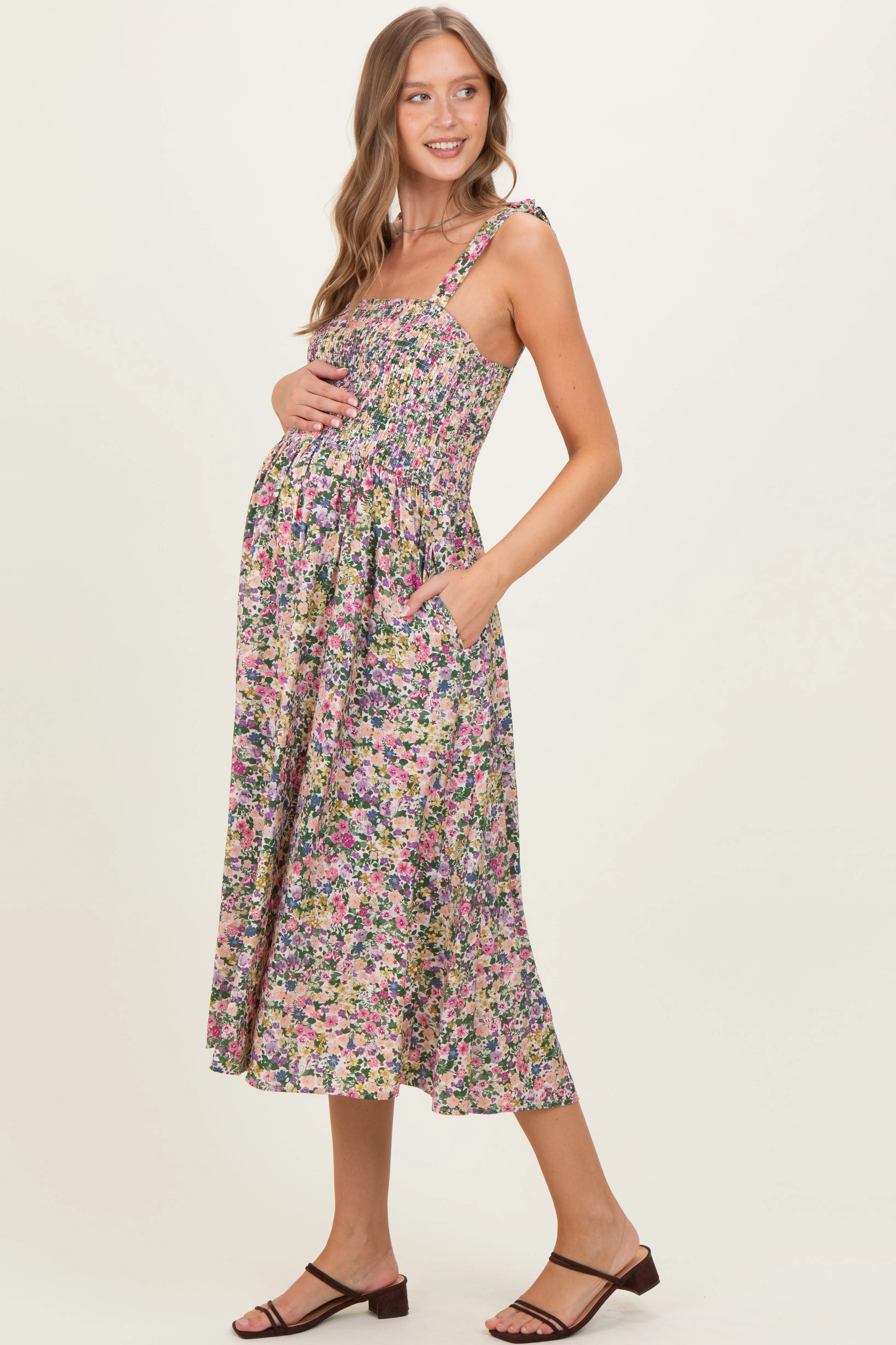 Pink Floral Smocked Shoulder Tie Maternity Midi Dress sold by Pinkblush product image thumbnail 3