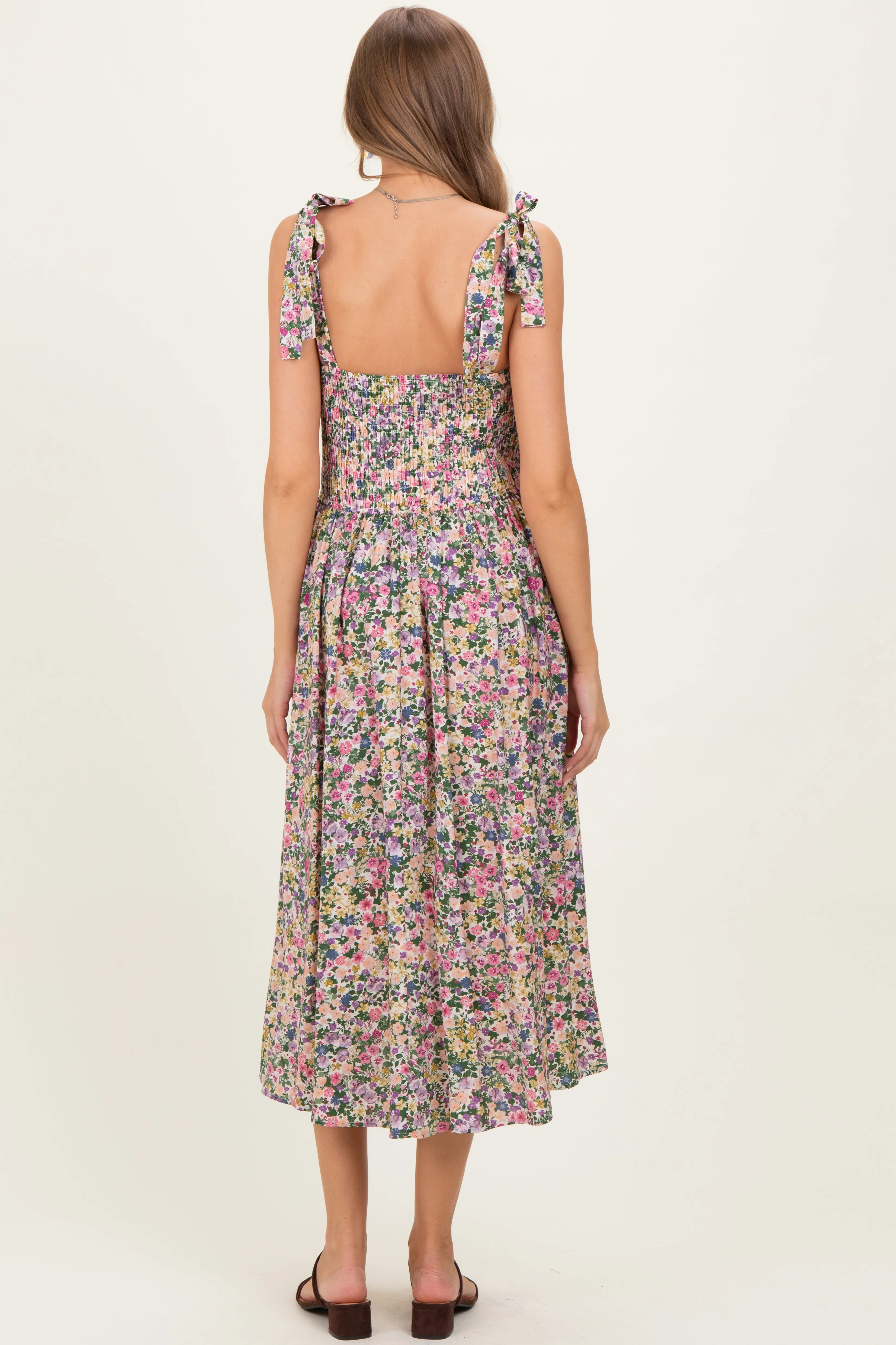 Pink Floral Smocked Shoulder Tie Maternity Midi Dress sold by Pinkblush product image thumbnail 4