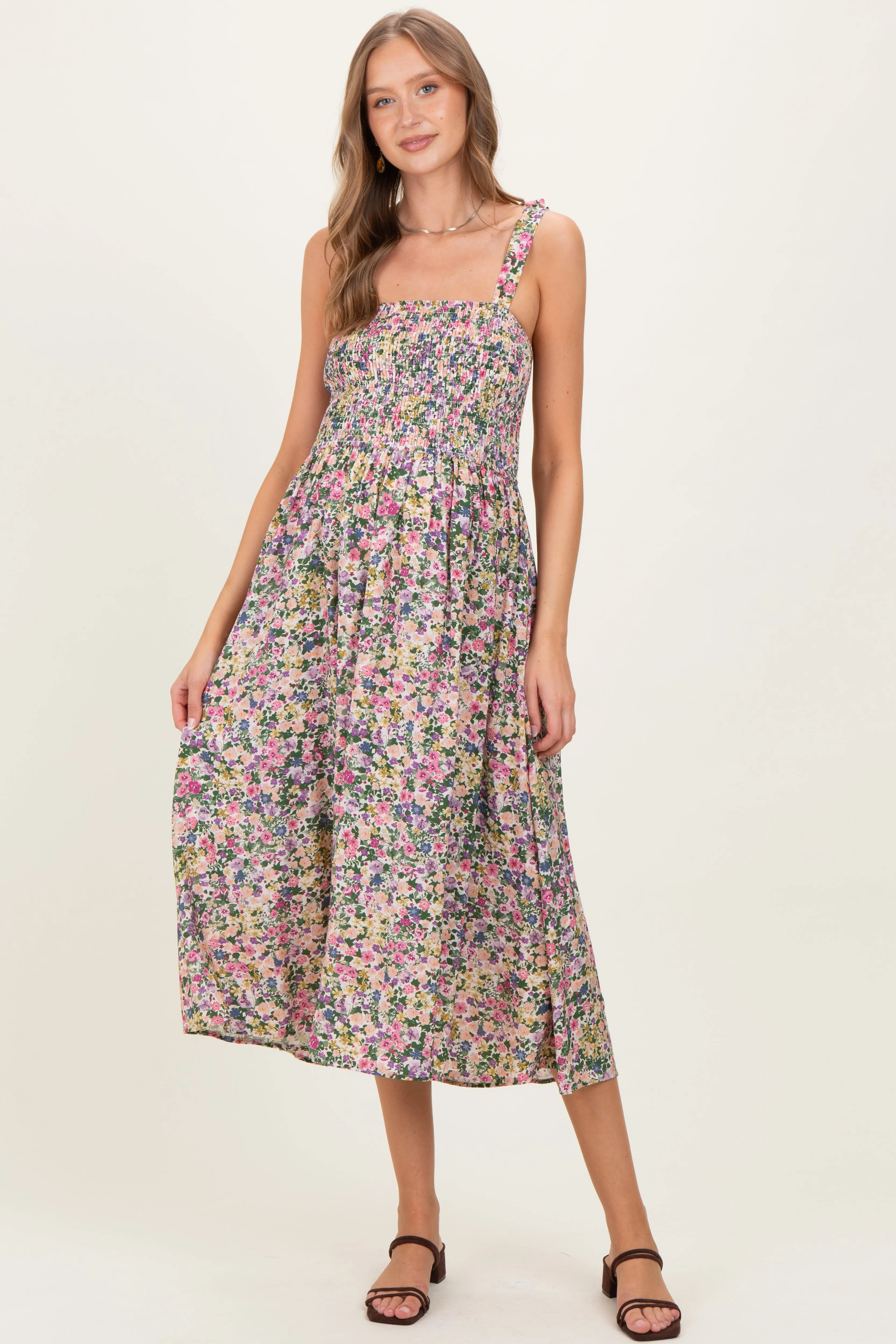 Pink Floral Smocked Shoulder Tie Maternity Midi Dress sold by Pinkblush