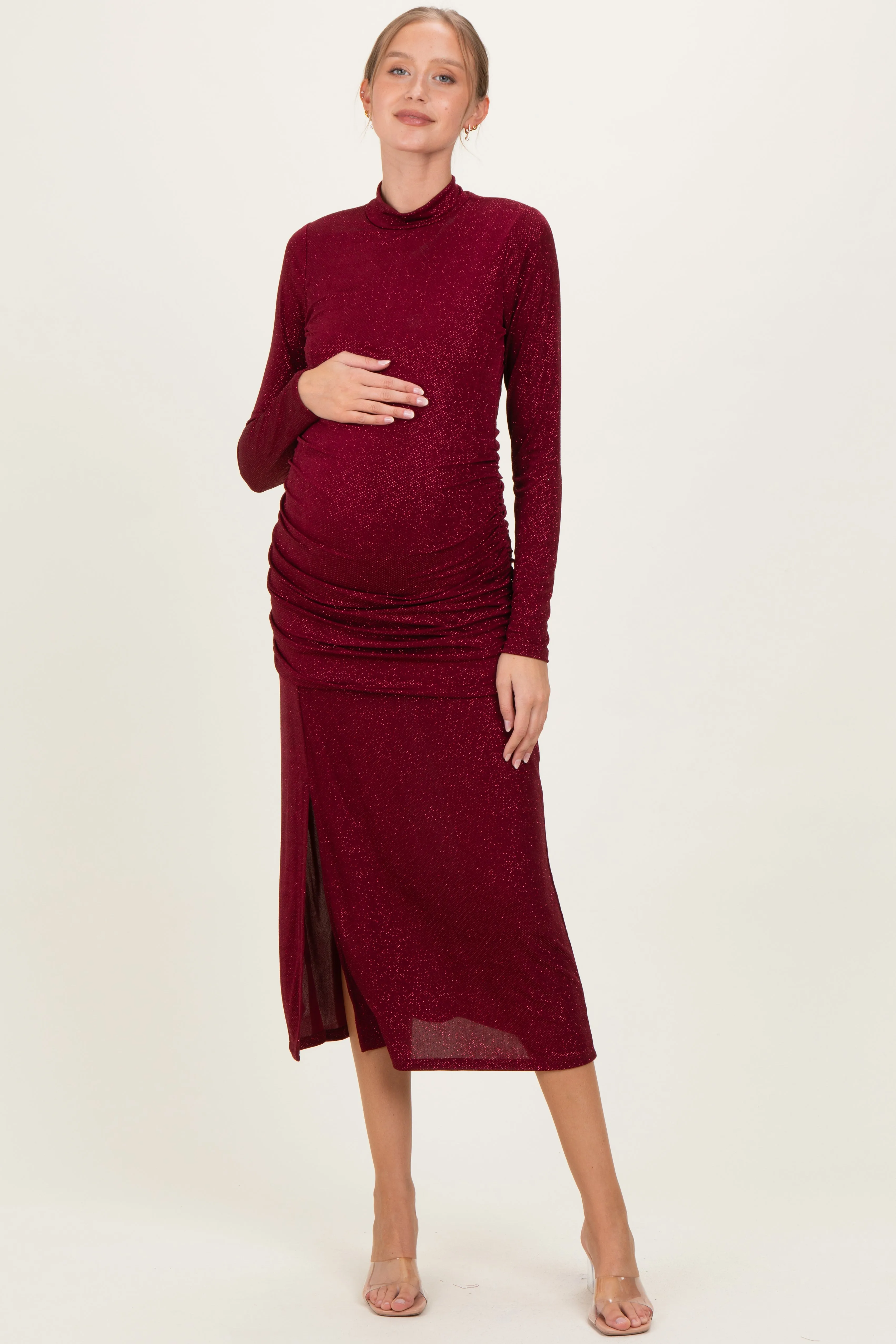 Burgundy Sequin Long Sleeve Mock Neck Maternity Maxi Dress sold by Pinkblush