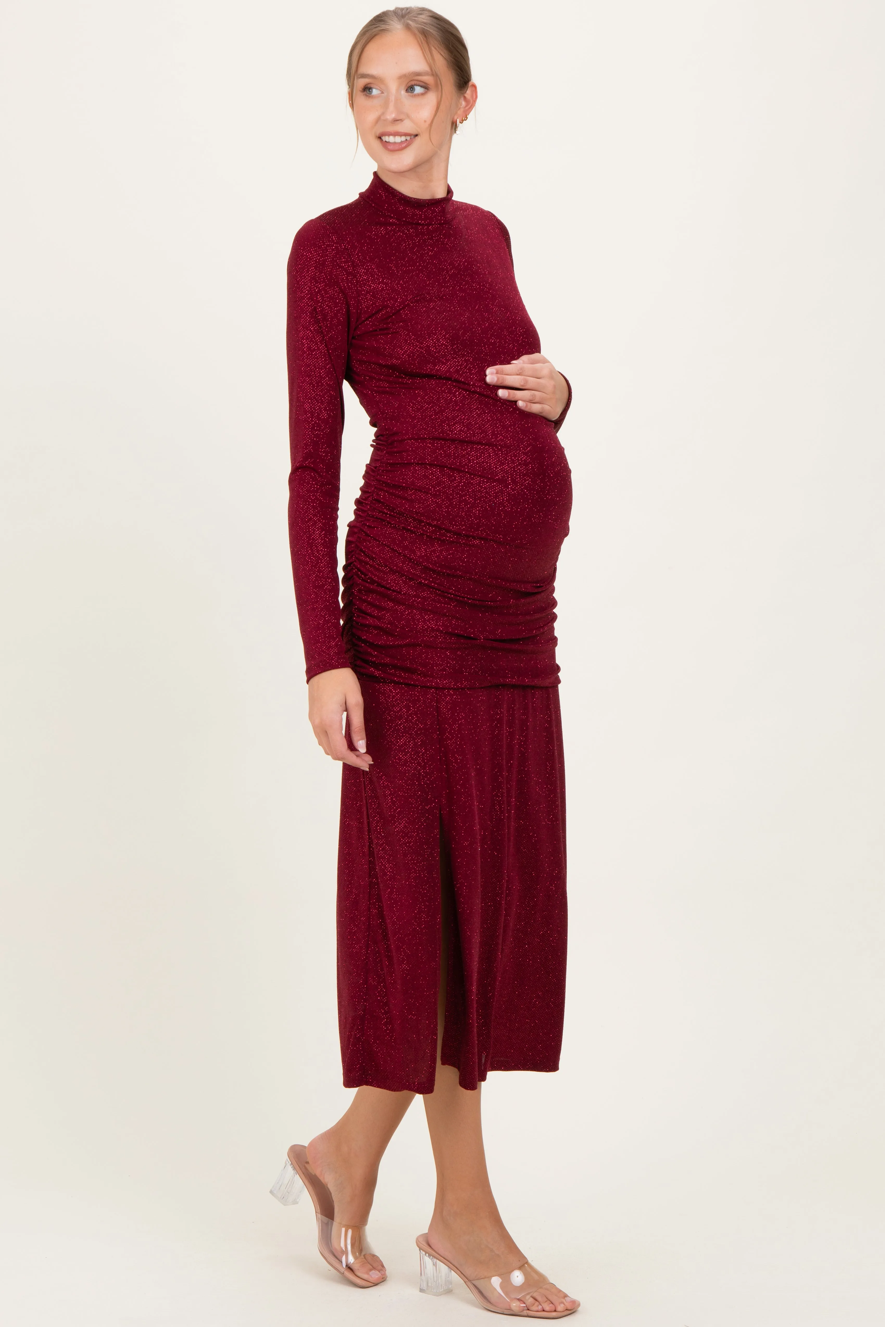 Burgundy Sequin Long Sleeve Mock Neck Maternity Maxi Dress sold by Pinkblush product image thumbnail 2