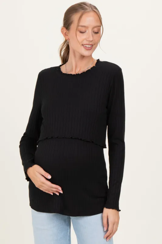 Black Ribbed Ruffle Detail Maternity/Nursing Long Sleeve Top sold by Pinkblush