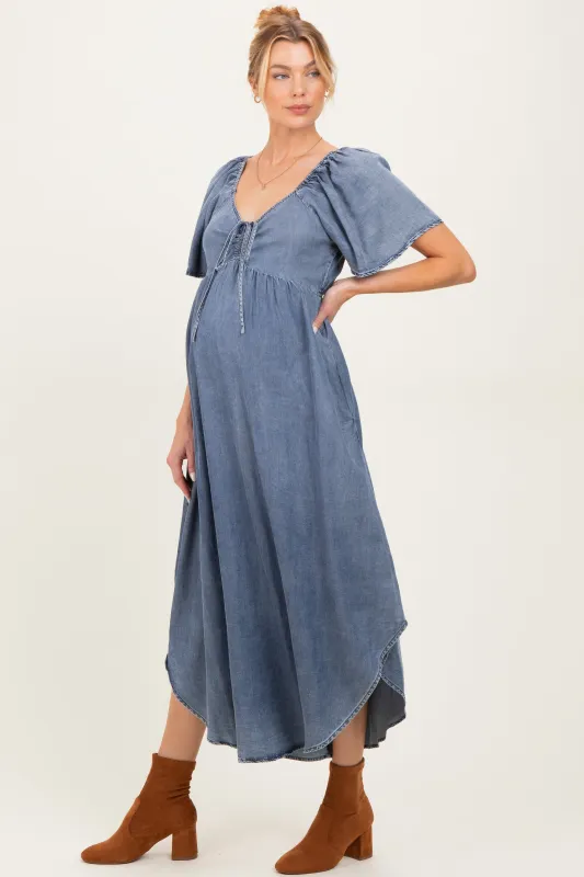 Blue Chambray Cinched Tie Bust Maternity Maxi Dress sold by Pinkblush