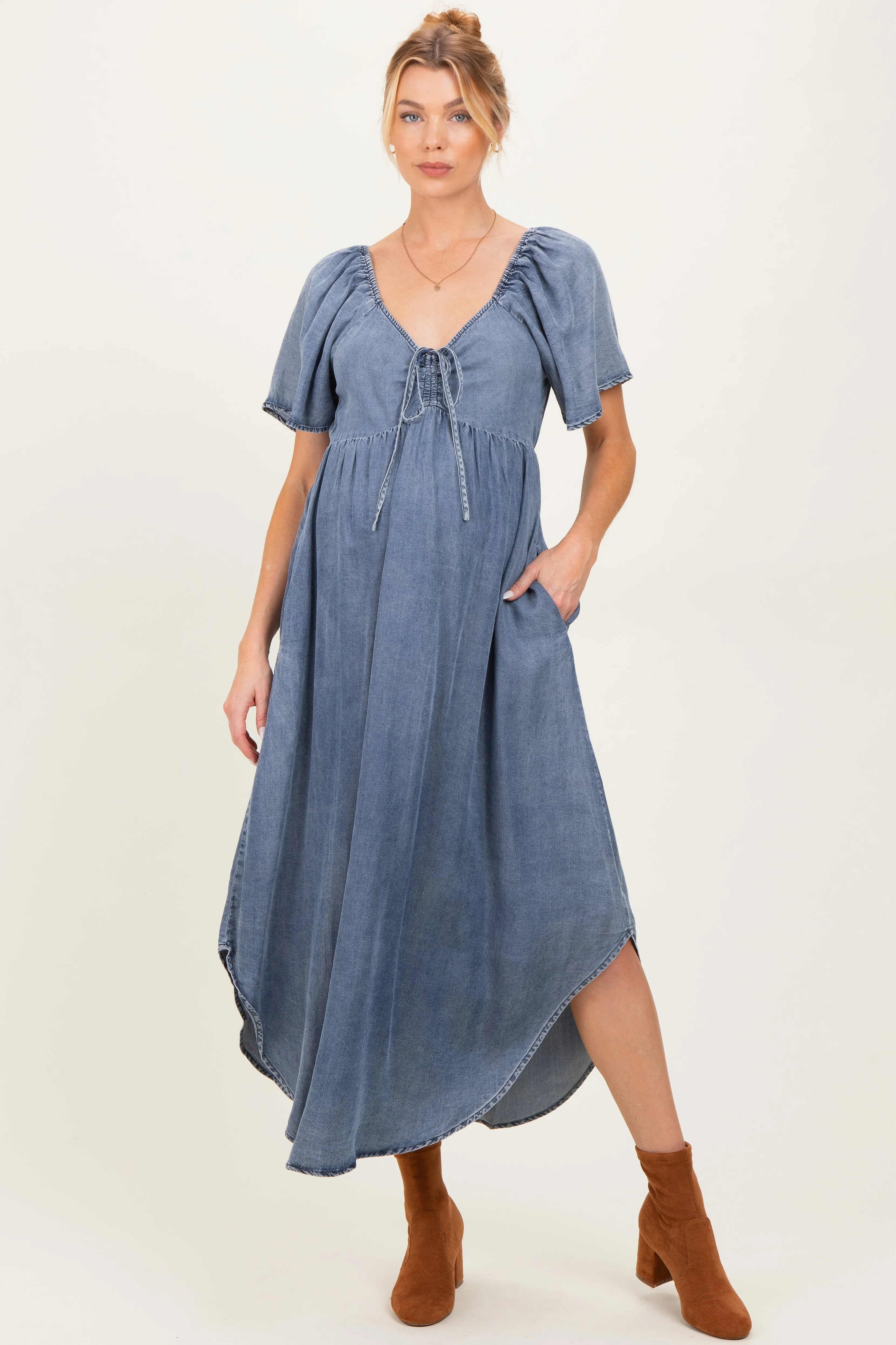 Blue Chambray Cinched Tie Bust Maternity Maxi Dress sold by Pinkblush product image thumbnail 2