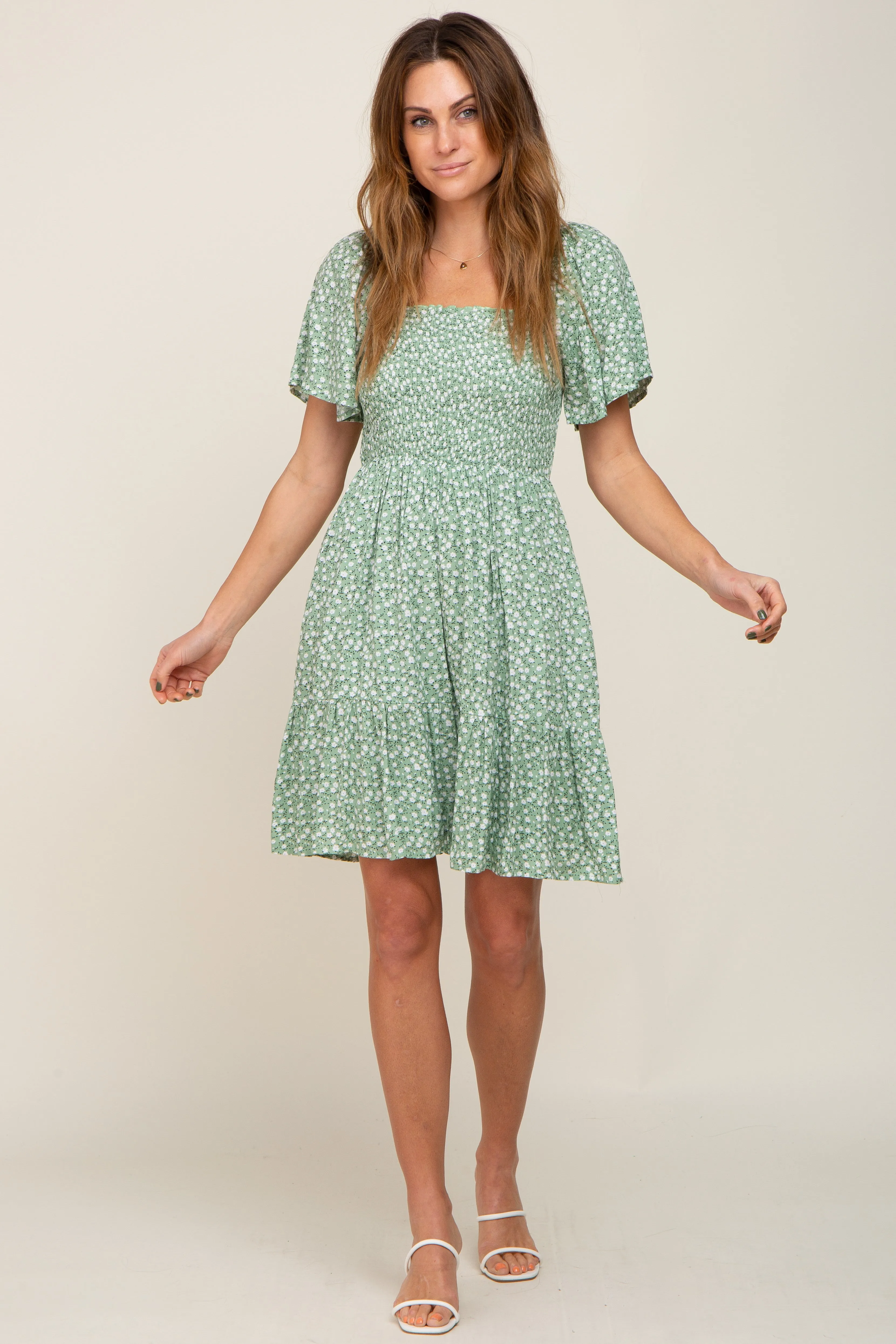 Light Olive Floral Smocked Square Neck Ruffle Hem Dress sold by Pinkblush product image thumbnail 5