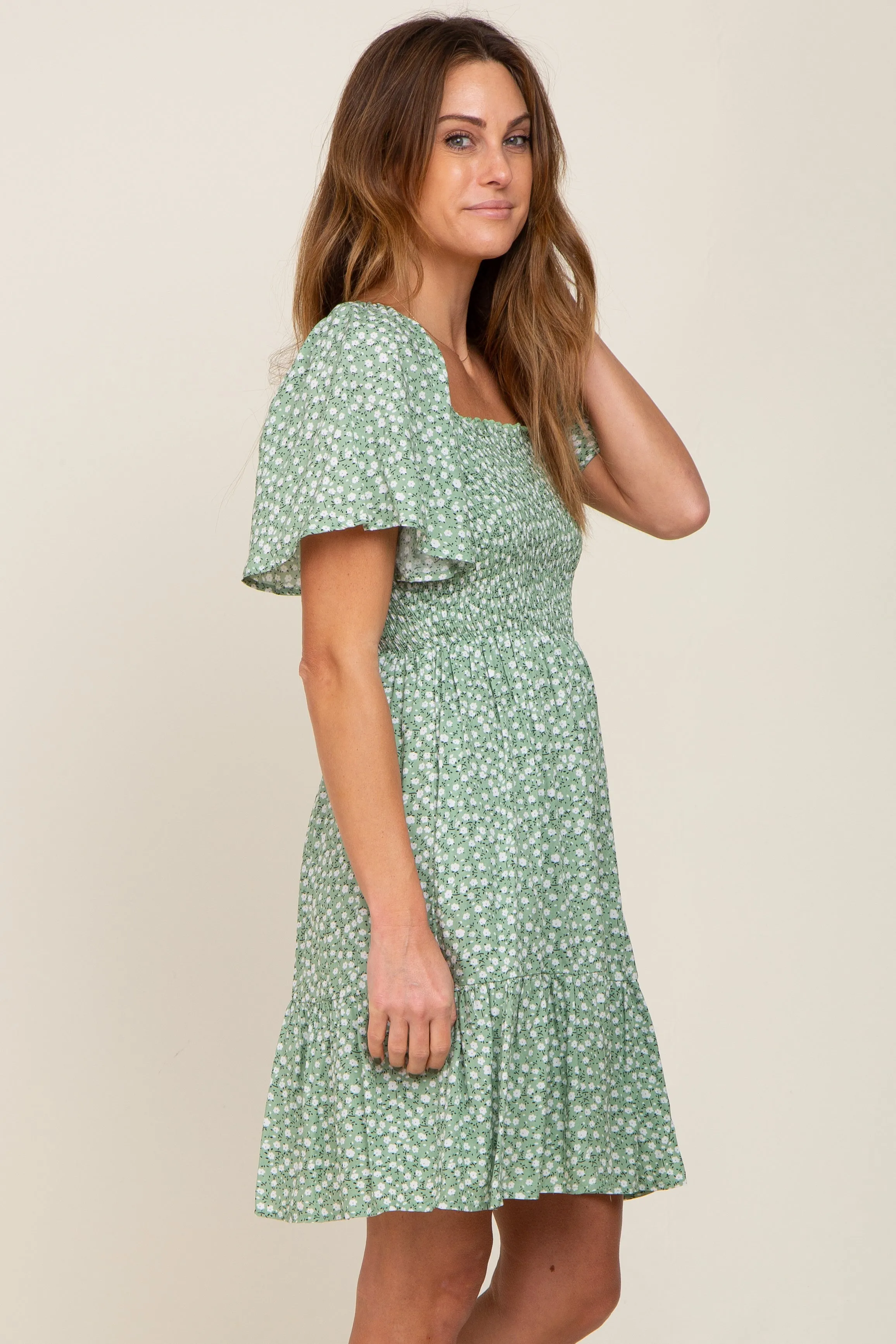 Light Olive Floral Smocked Square Neck Ruffle Hem Dress sold by Pinkblush product image thumbnail 2