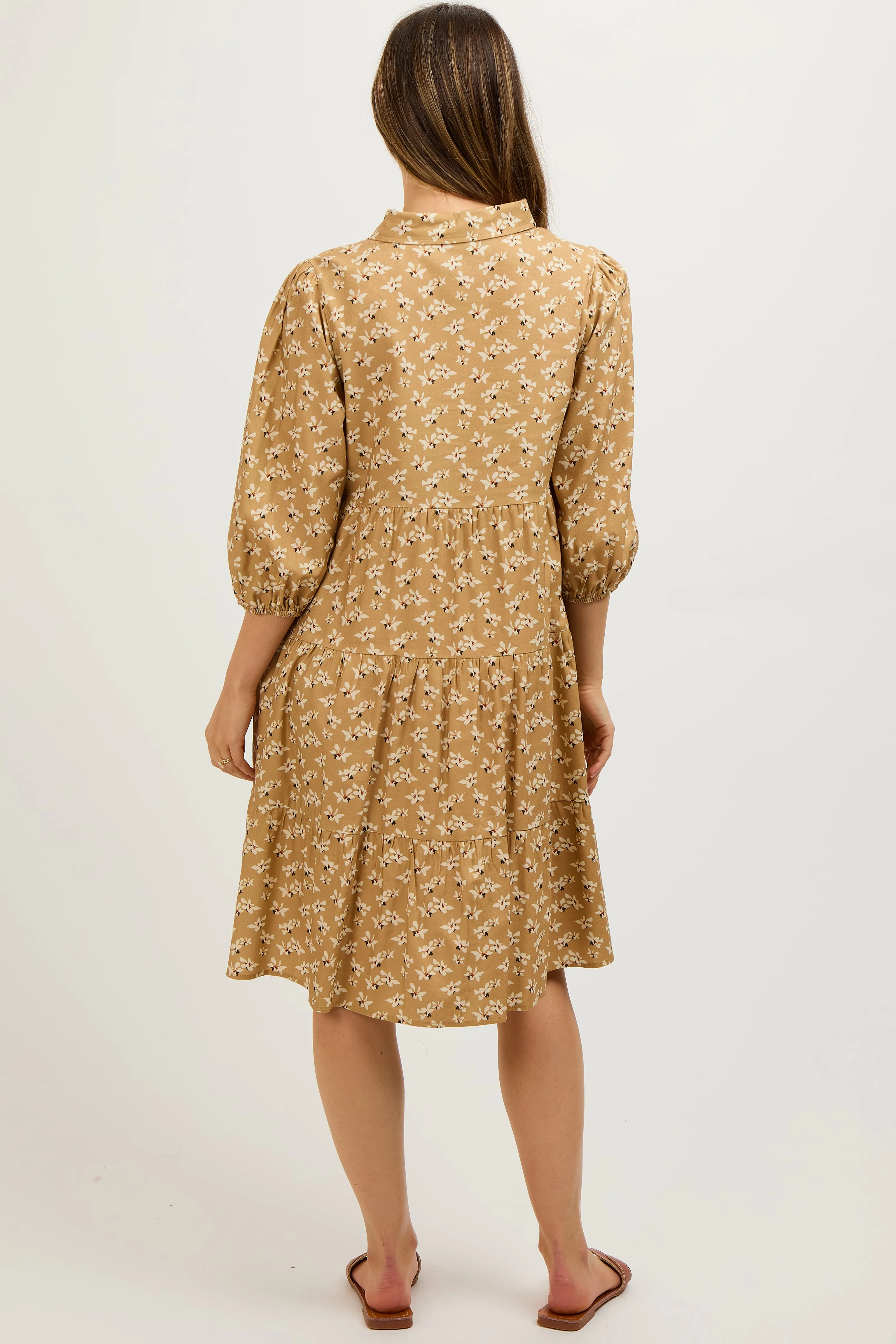 Camel Floral Button Front 3/4 Sleeve Maternity Dress sold by Pinkblush product image thumbnail 4