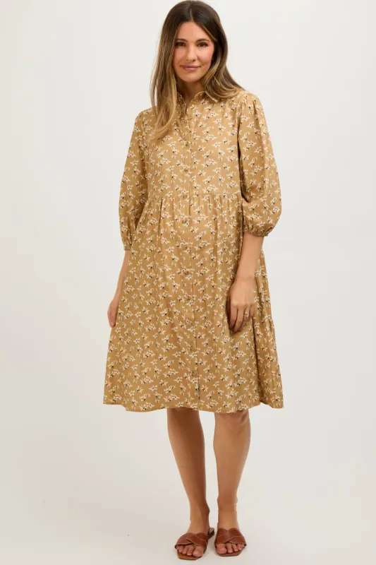 Camel Floral Button Front 3/4 Sleeve Maternity Dress sold by Pinkblush