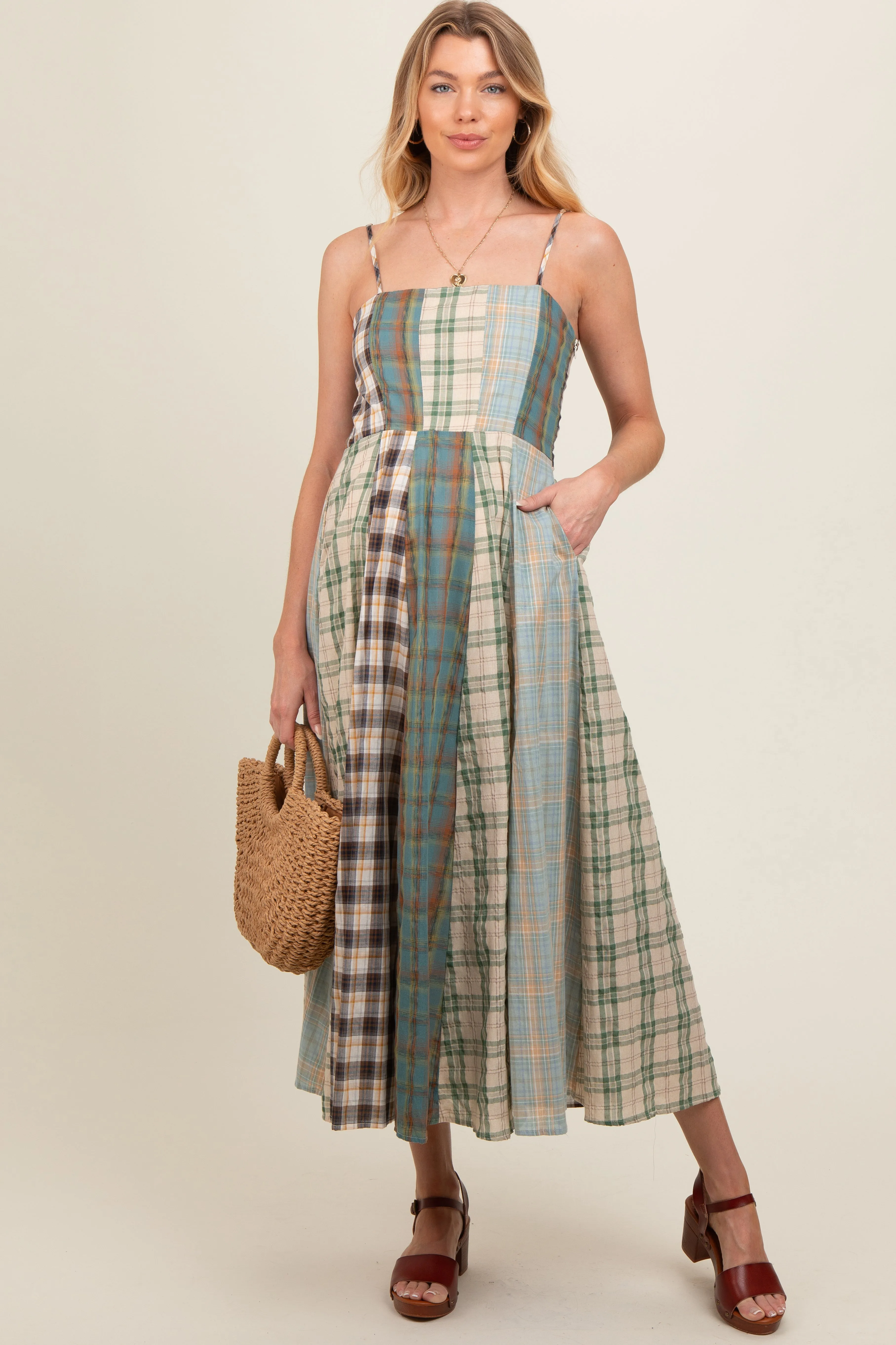 Light Olive Mixed Plaid Maternity Maxi Dress sold by Pinkblush product image thumbnail 2