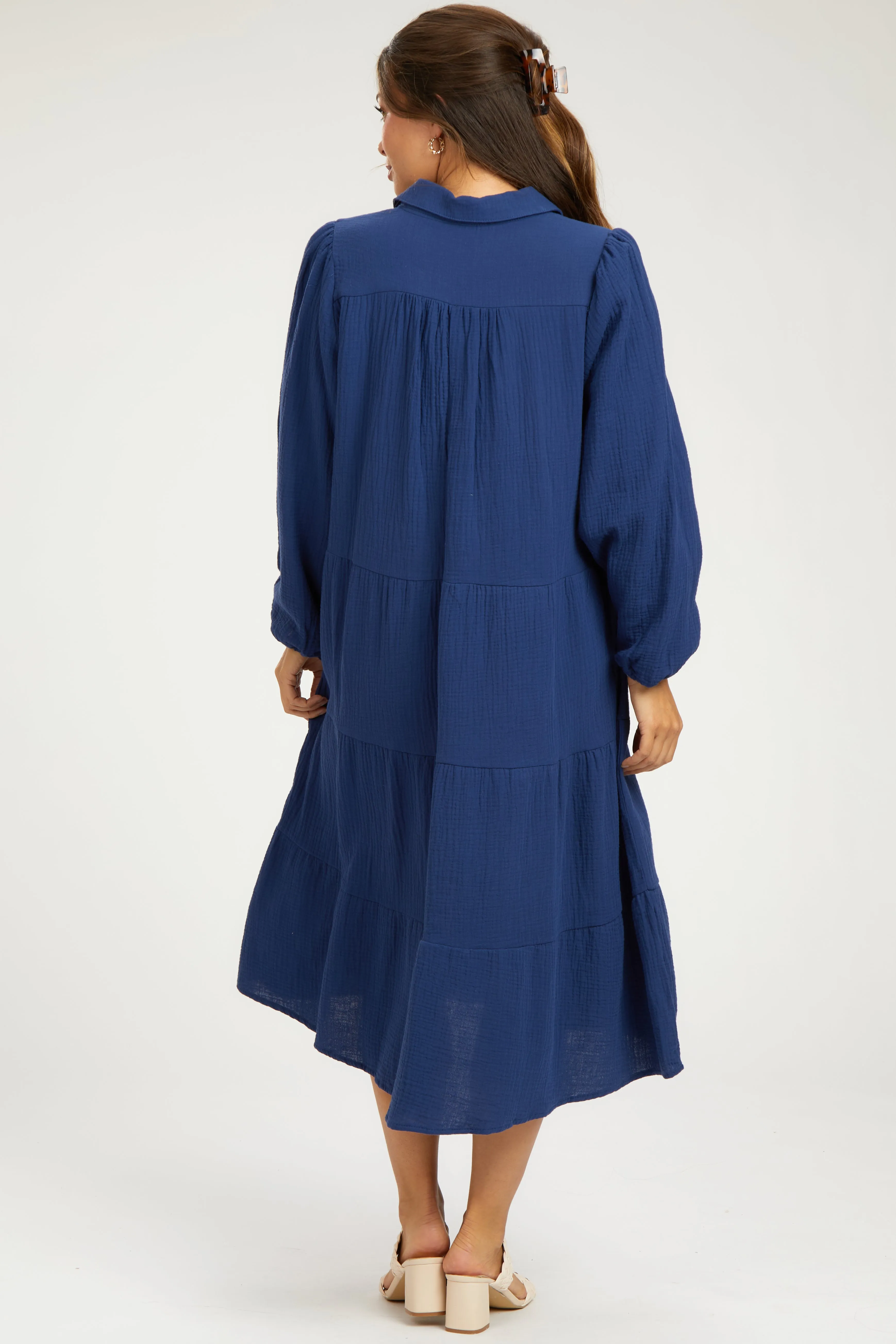 Navy Light Weight Collared Tiered Maternity Midi Dress sold by Pinkblush product image thumbnail 4