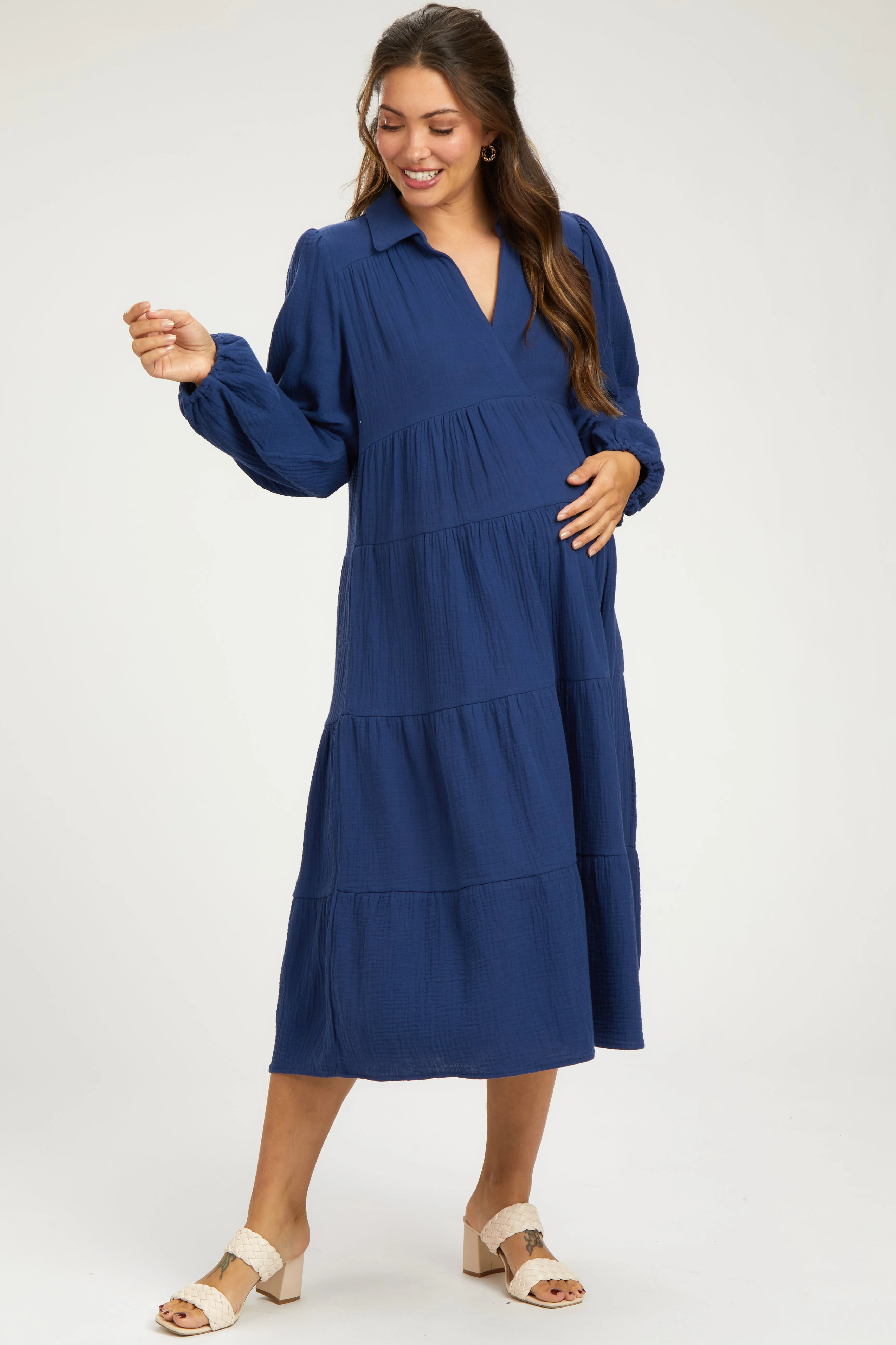 Navy Light Weight Collared Tiered Maternity Midi Dress sold by Pinkblush