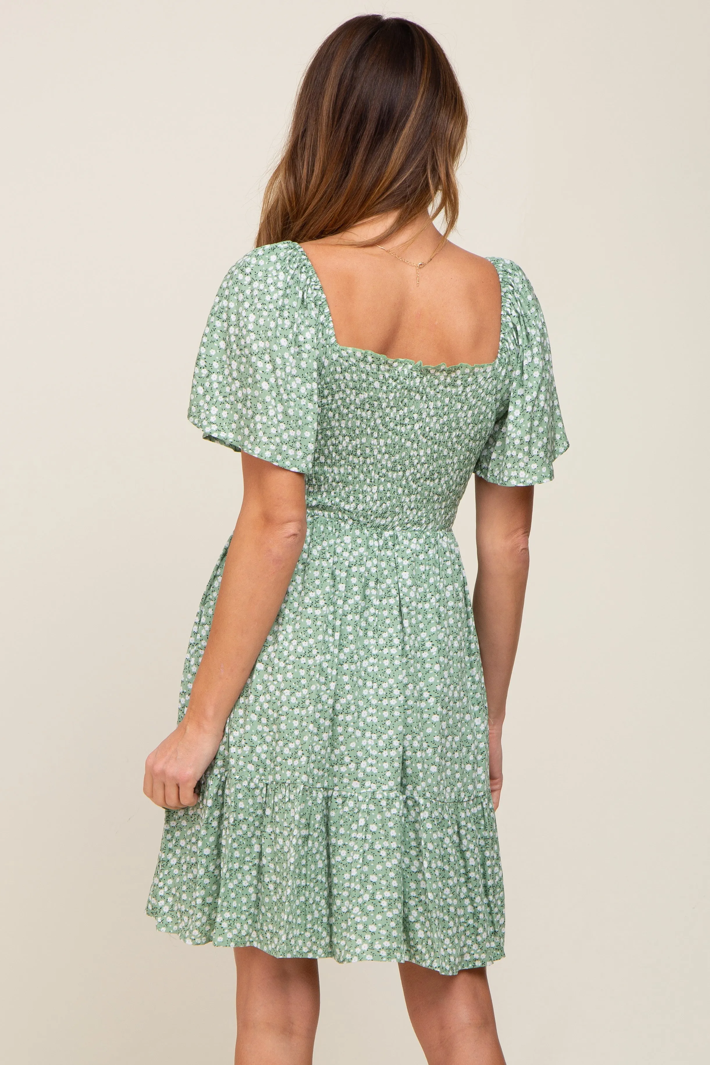 Light Olive Floral Smocked Square Neck Ruffle Hem Dress sold by Pinkblush product image thumbnail 3