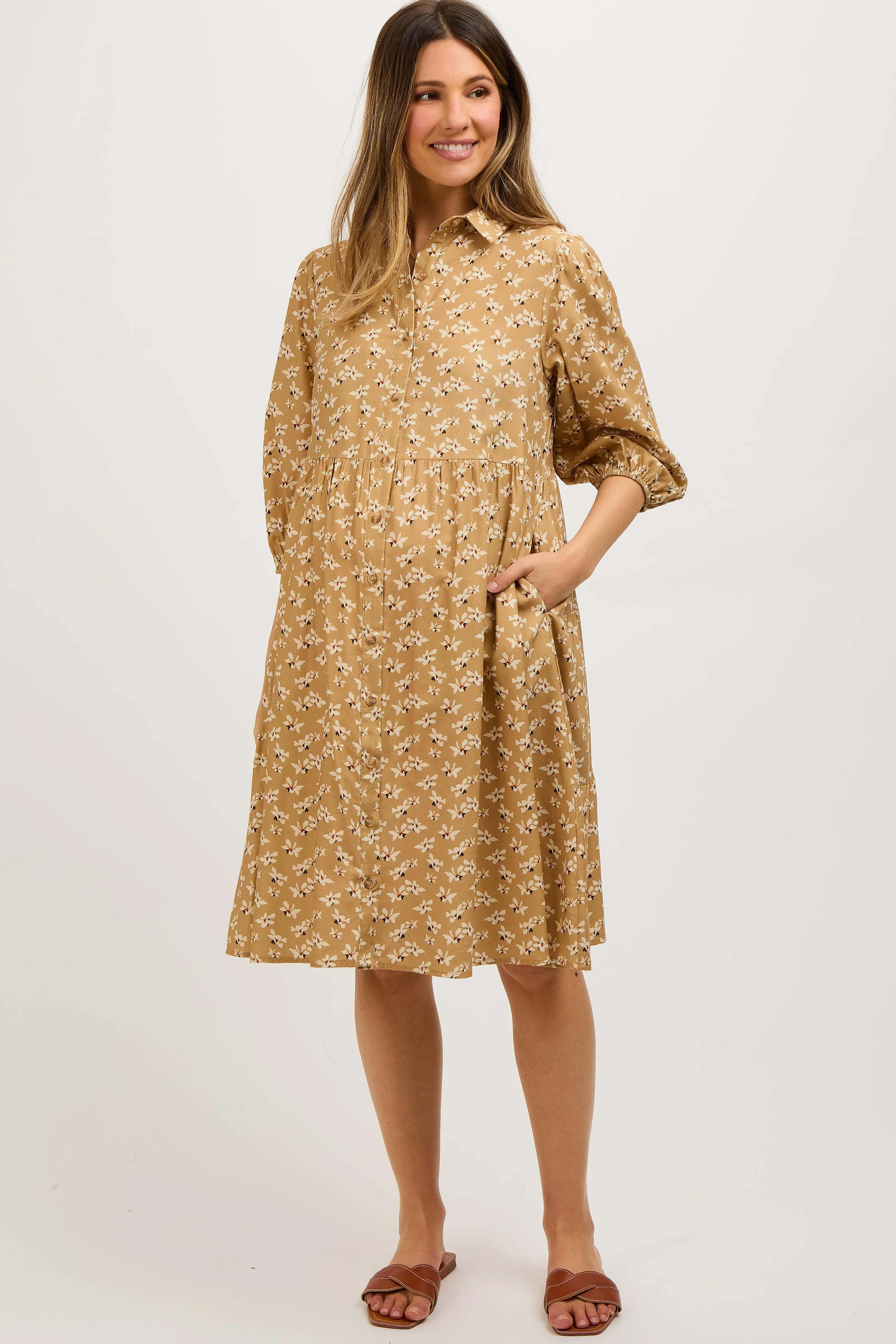 Camel Floral Button Front 3/4 Sleeve Maternity Dress sold by Pinkblush product image thumbnail 2