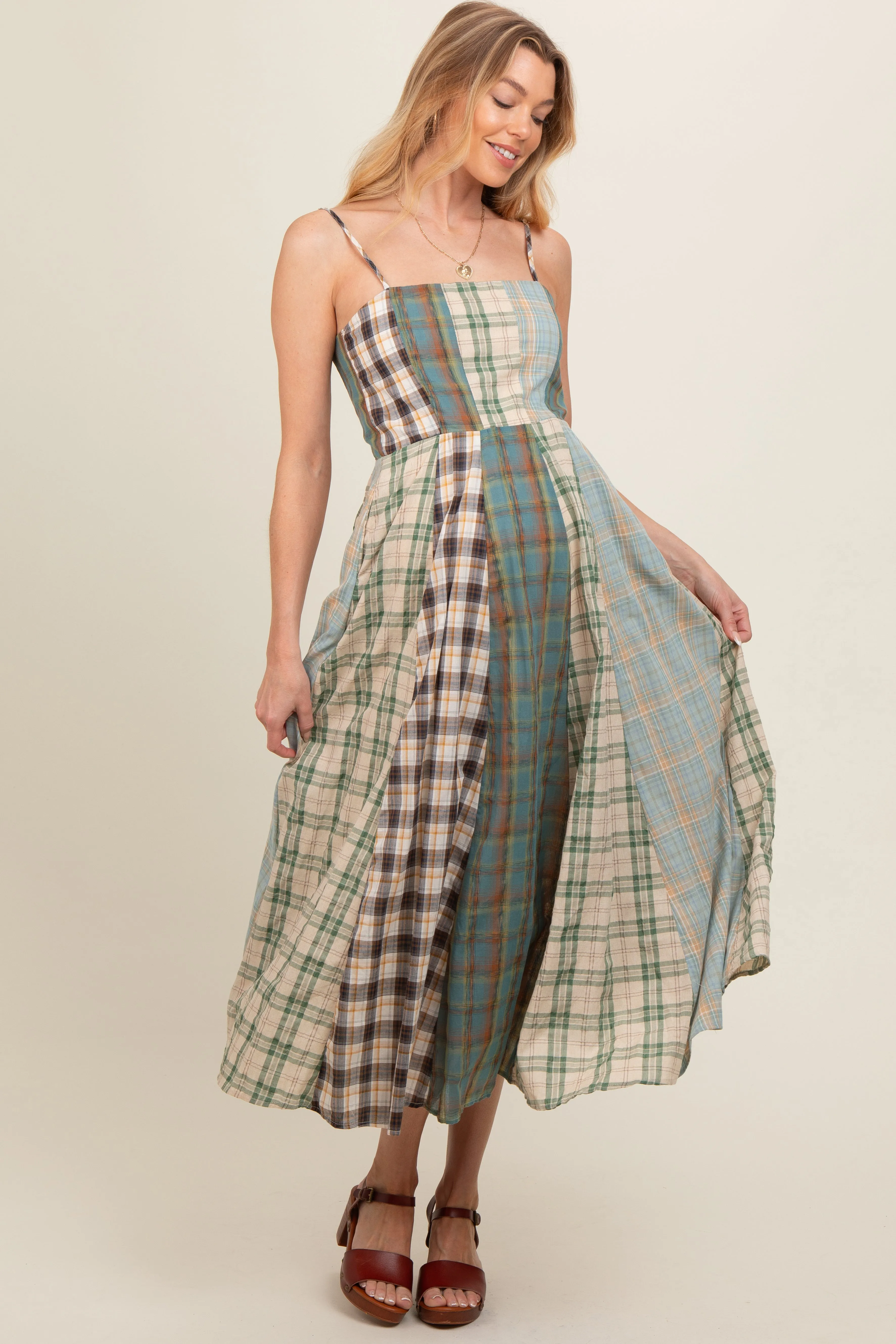 Light Olive Mixed Plaid Maternity Maxi Dress sold by Pinkblush product image thumbnail 3