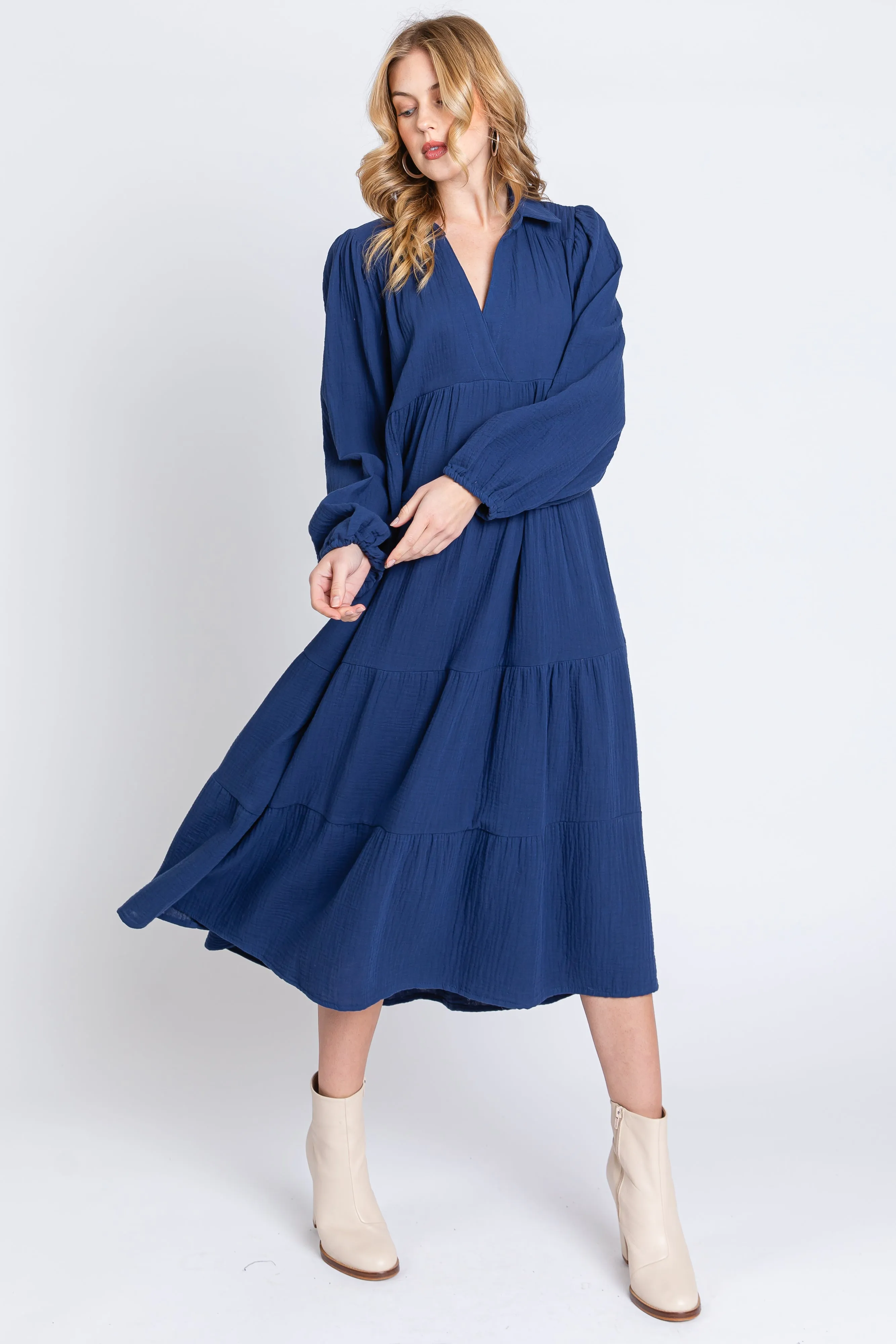 Navy Light Weight Collared Tiered Maternity Midi Dress sold by Pinkblush product image thumbnail 5