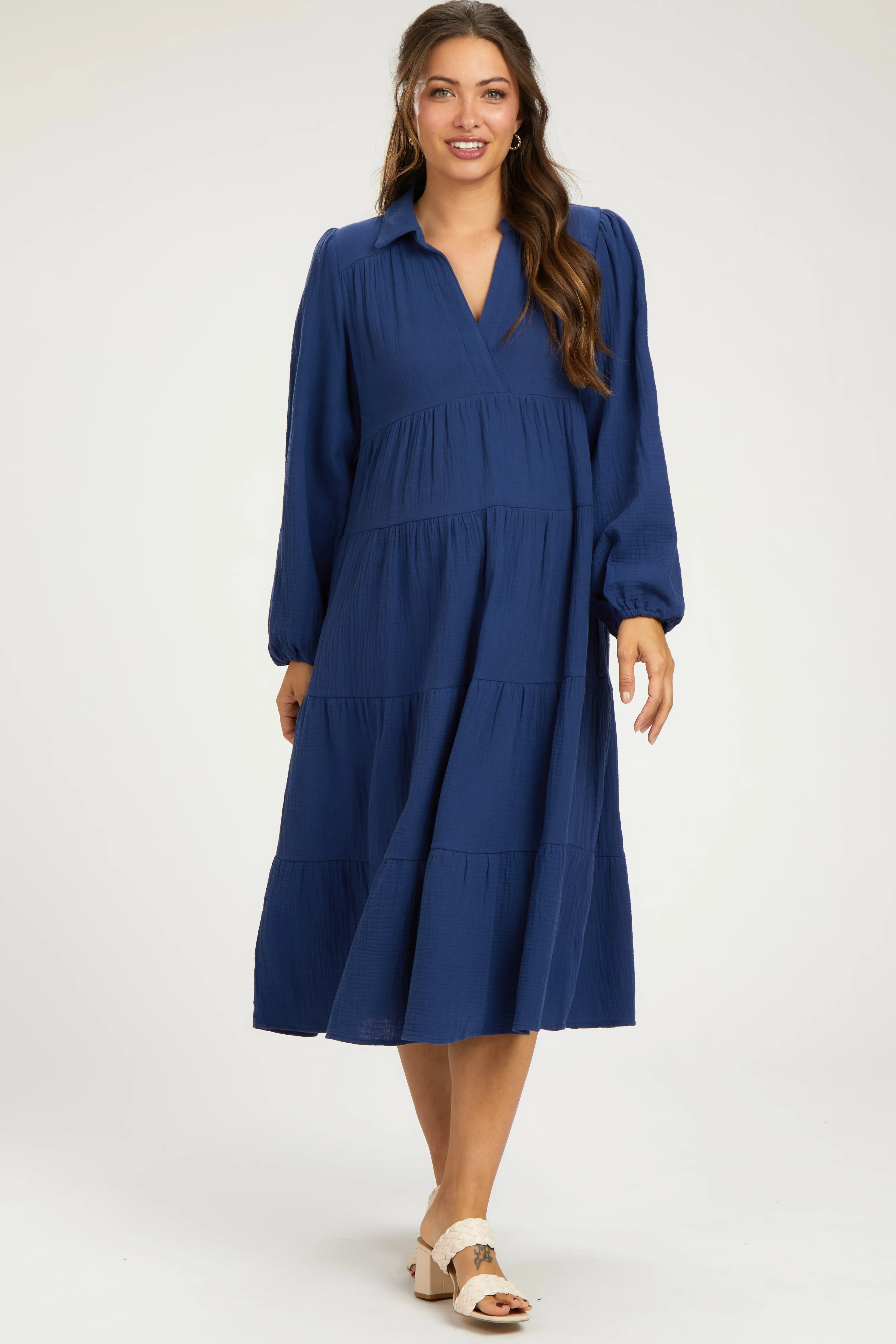 Navy Light Weight Collared Tiered Maternity Midi Dress sold by Pinkblush product image thumbnail 2