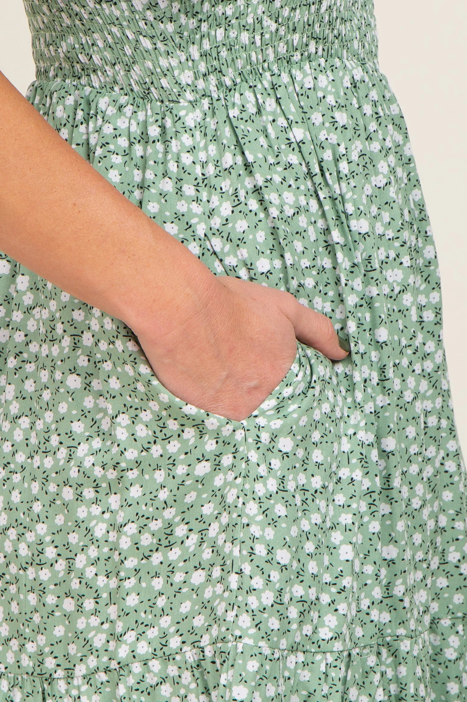 Light Olive Floral Smocked Square Neck Ruffle Hem Dress sold by Pinkblush product image thumbnail 4
