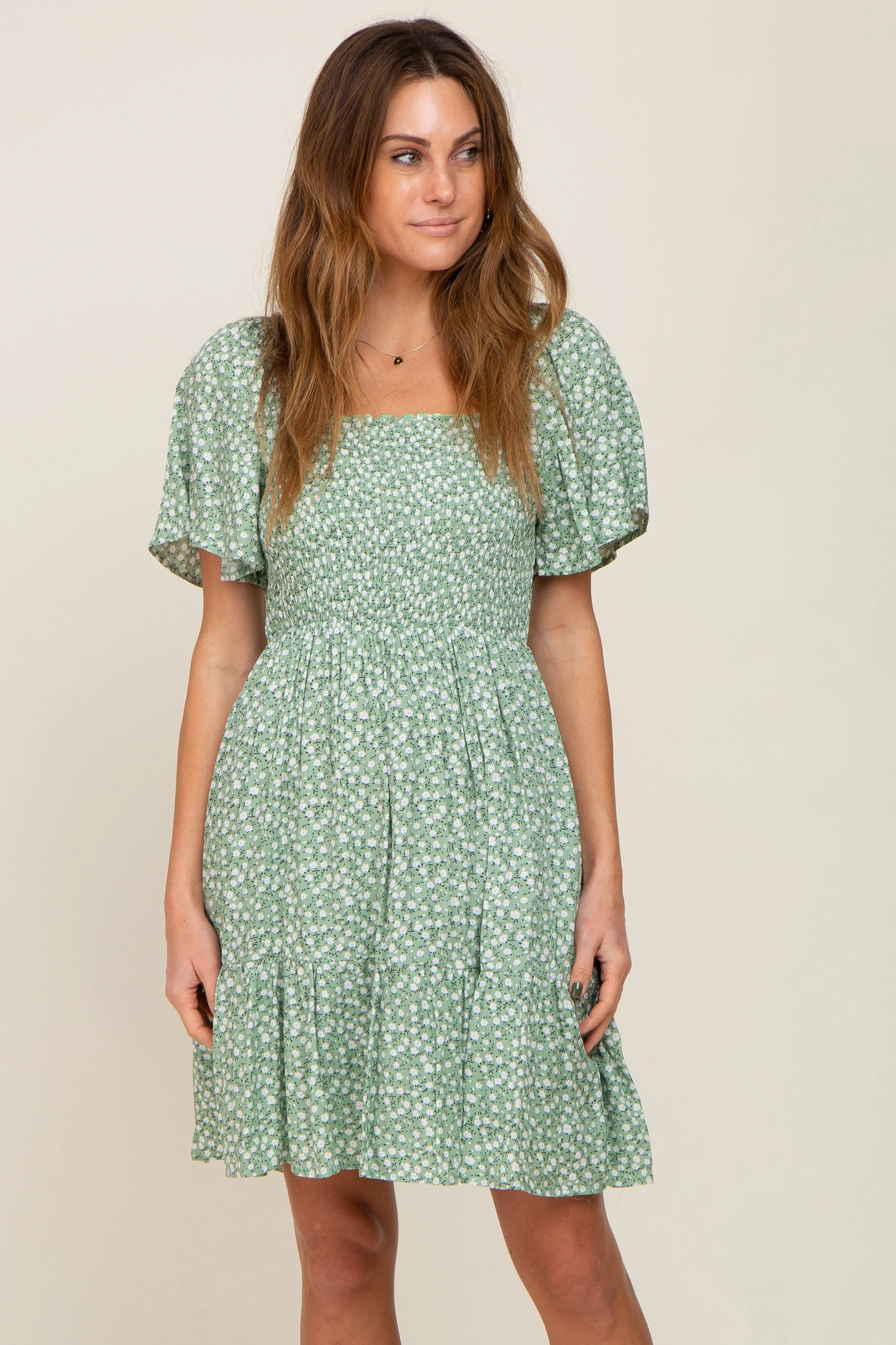 Light Olive Floral Smocked Square Neck Ruffle Hem Dress sold by Pinkblush