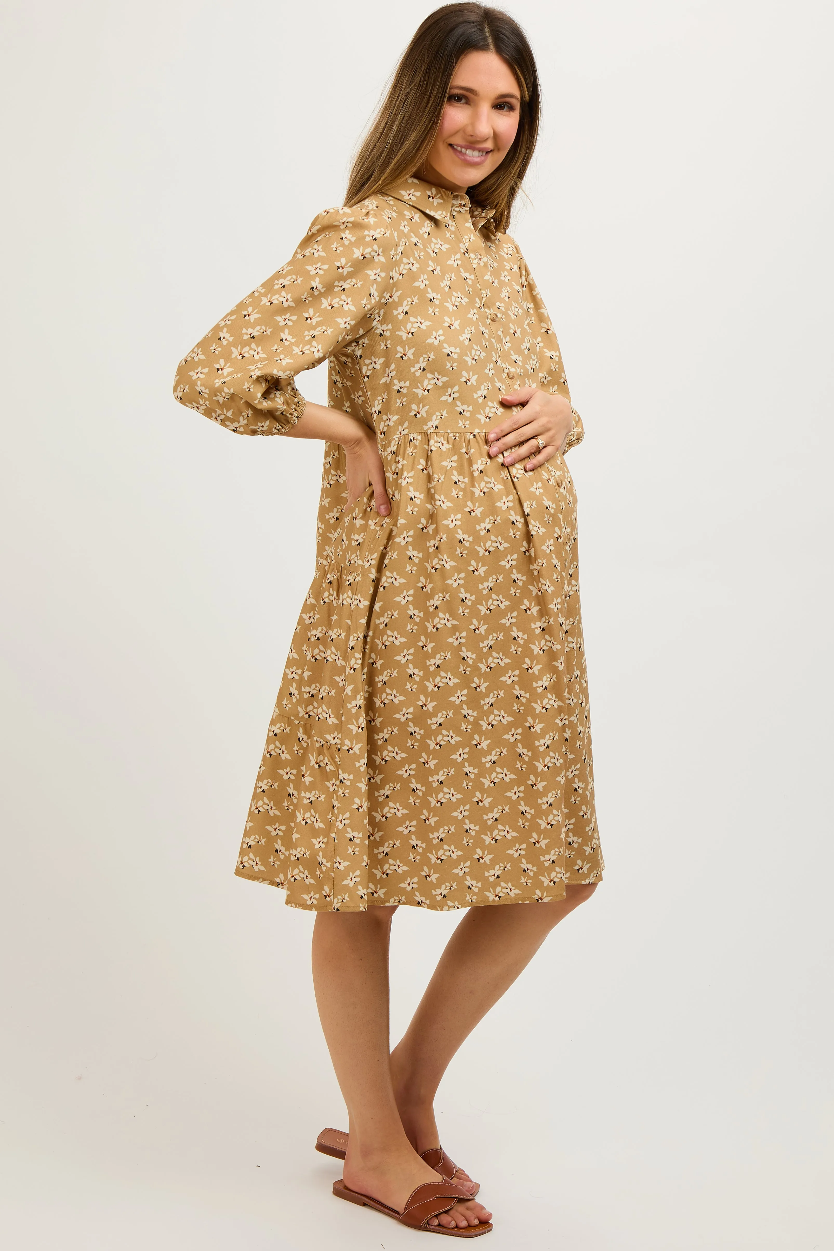 Camel Floral Button Front 3/4 Sleeve Maternity Dress sold by Pinkblush product image thumbnail 3