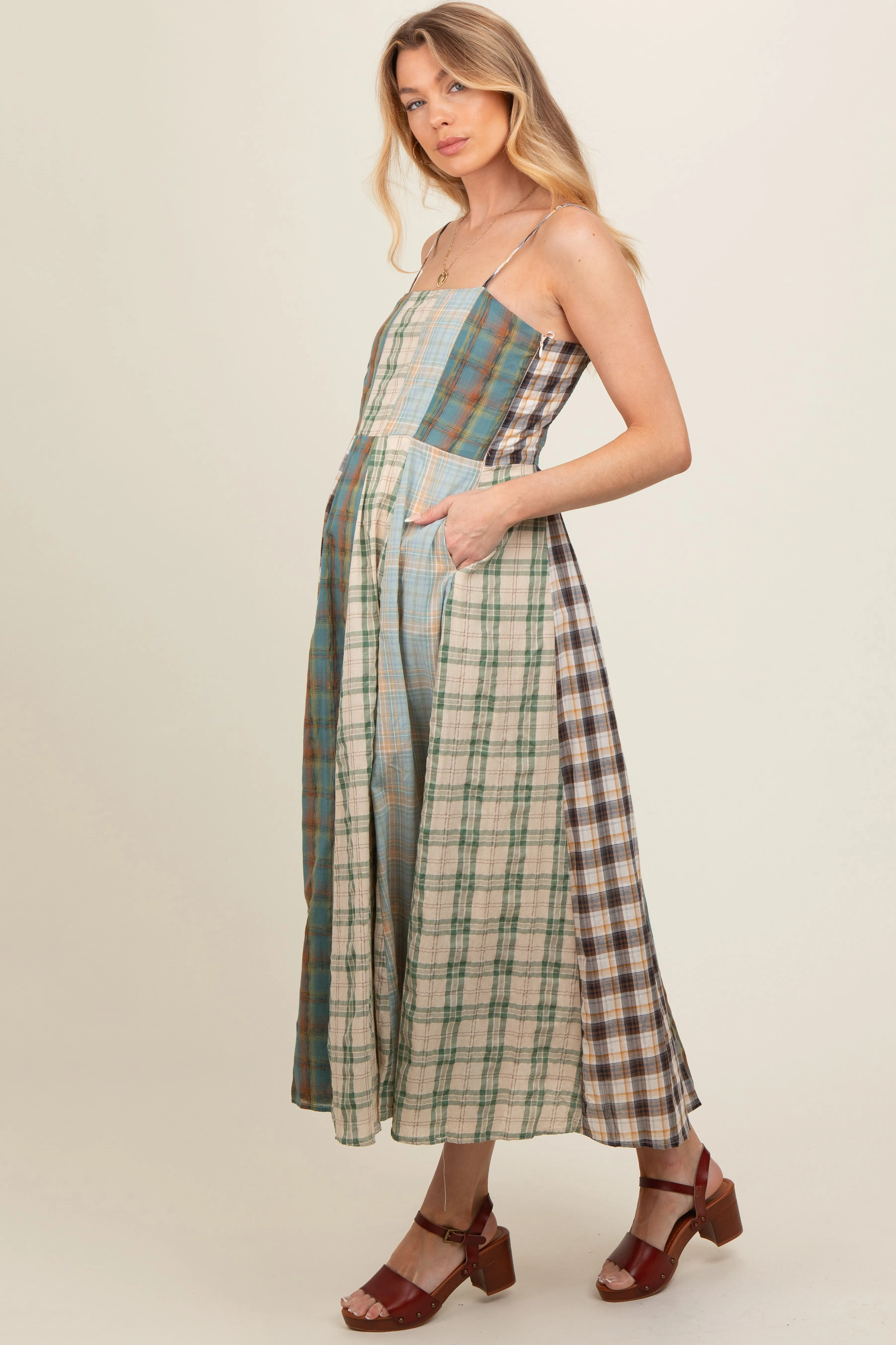 Light Olive Mixed Plaid Maternity Maxi Dress sold by Pinkblush product image thumbnail 4