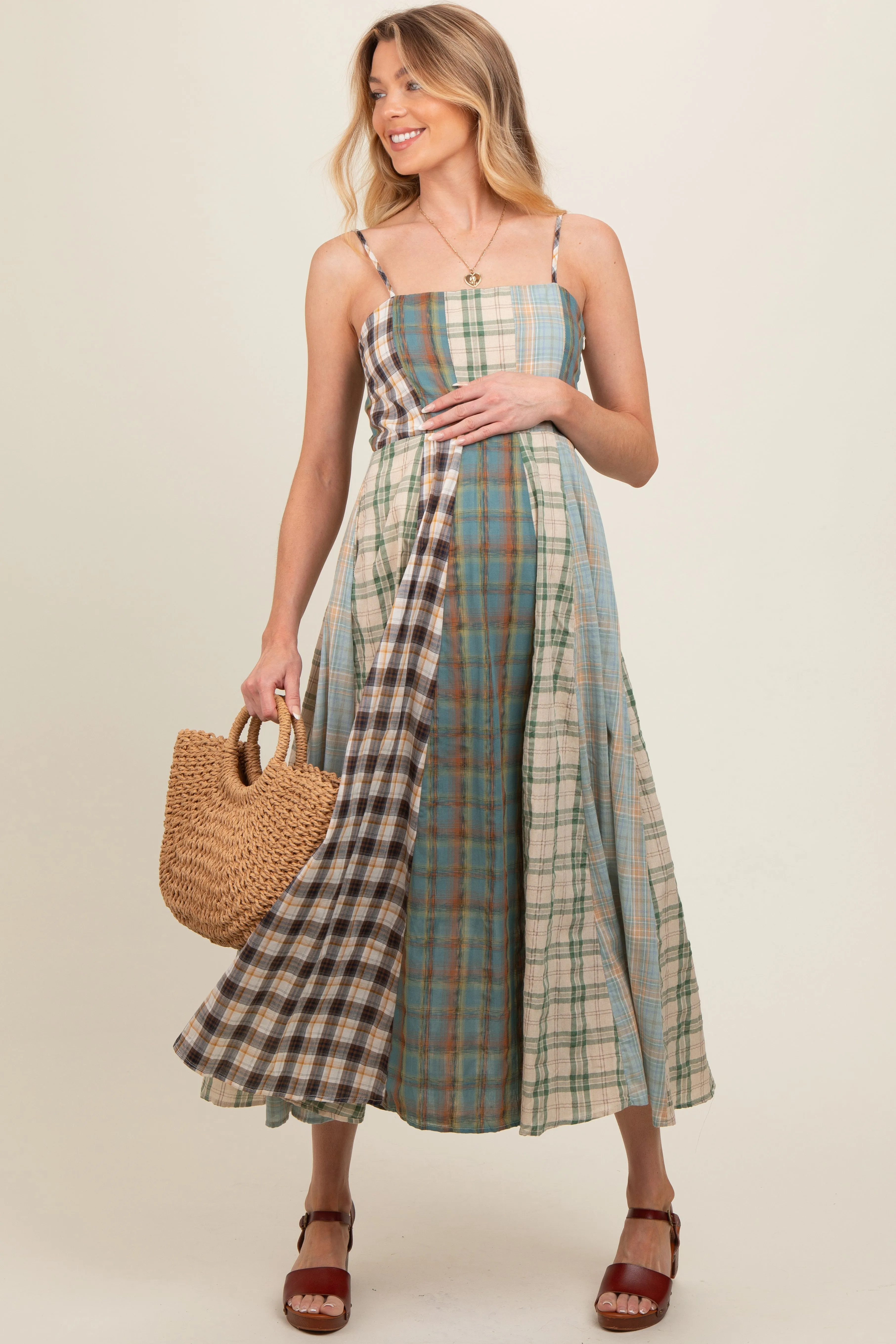 Light Olive Mixed Plaid Maternity Maxi Dress sold by Pinkblush
