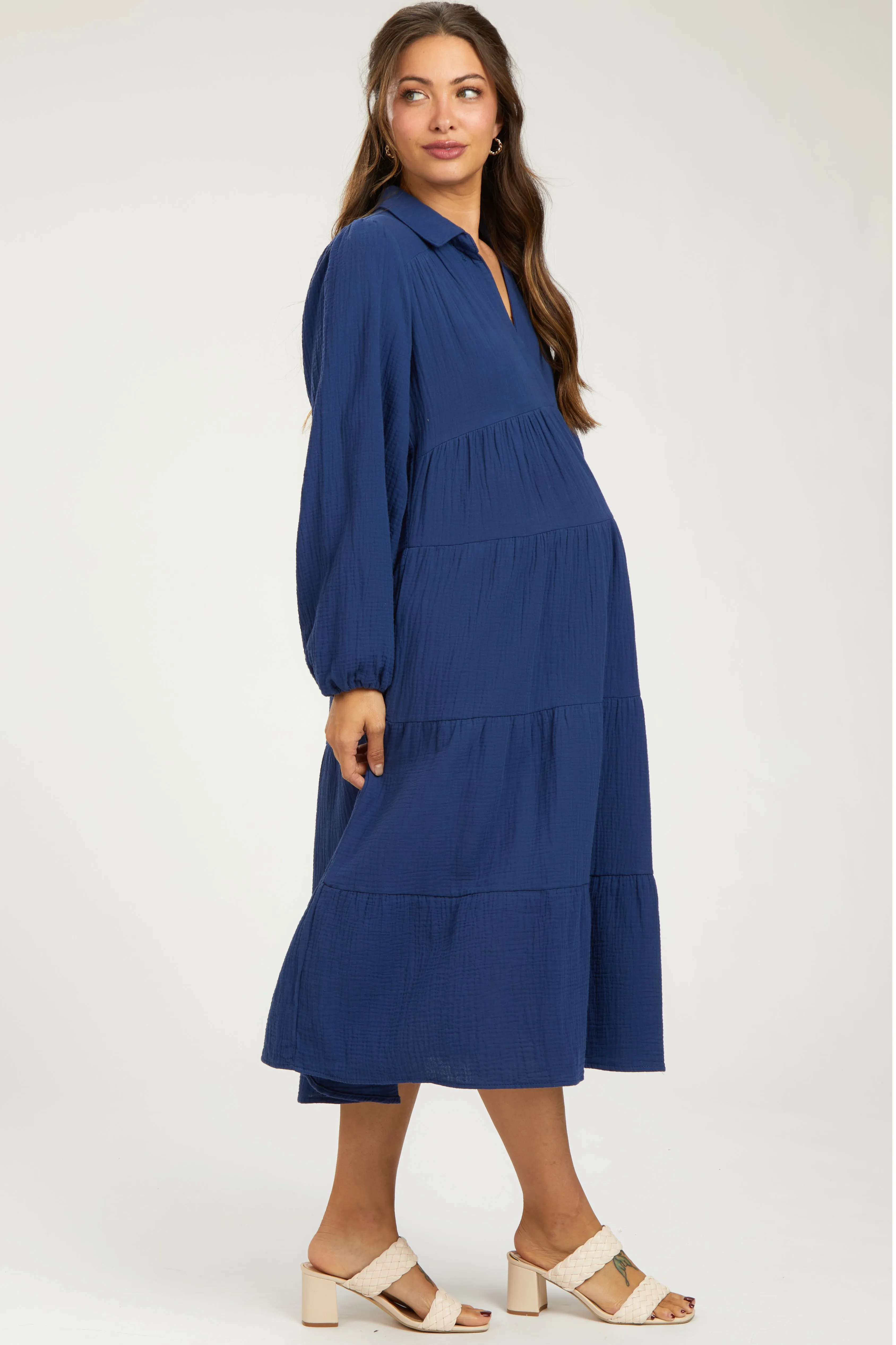 Navy Light Weight Collared Tiered Maternity Midi Dress sold by Pinkblush product image thumbnail 3