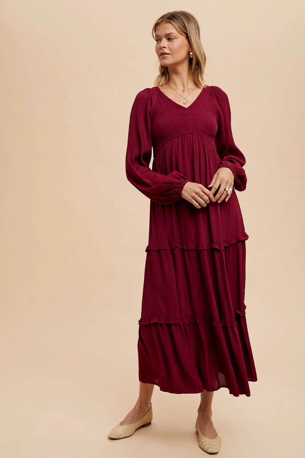 Burgundy Smocked Tiered Midi Dress sold by Pinkblush
