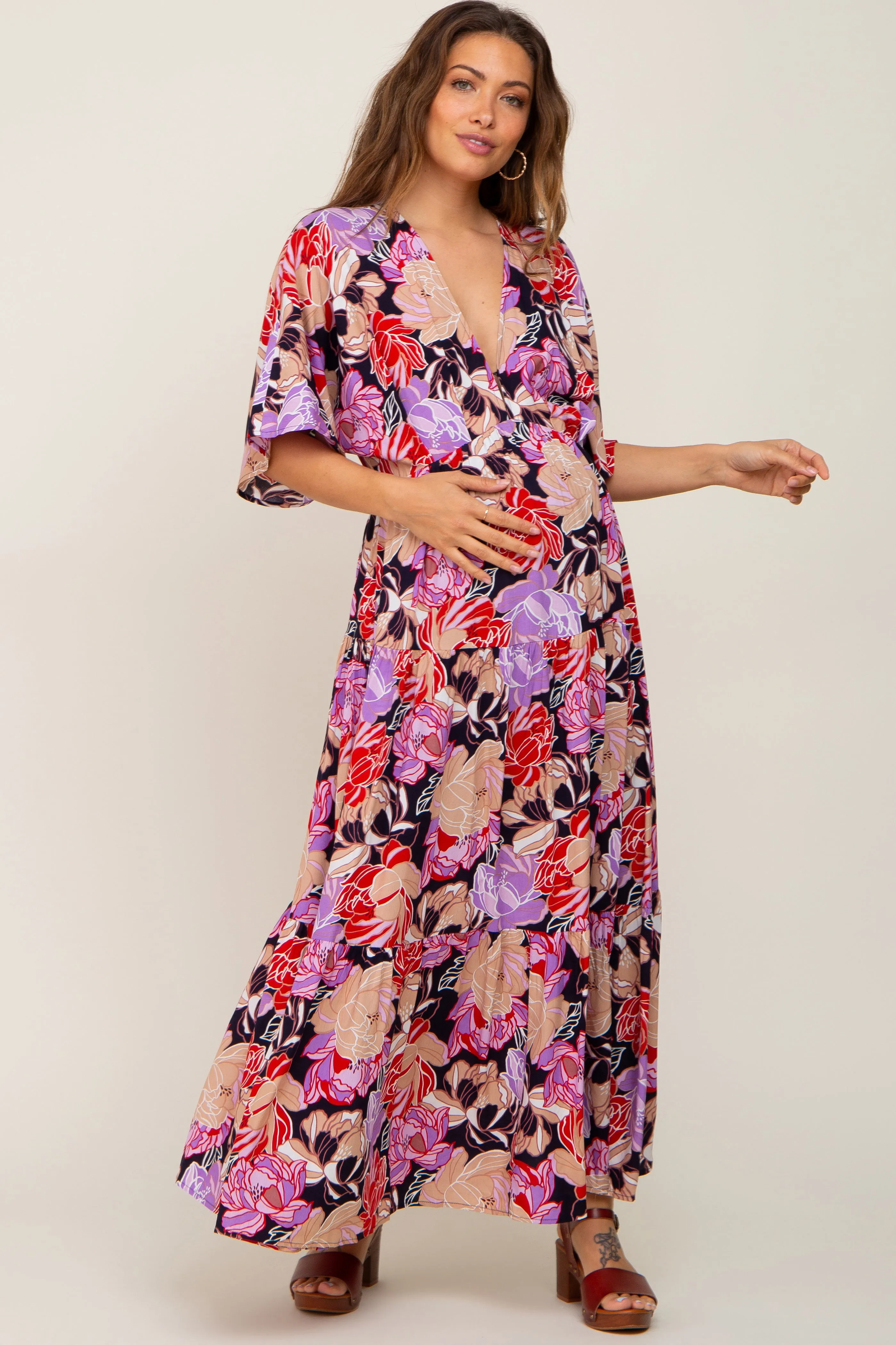 Navy Blue Floral Deep V-Neck Tiered Maternity Maxi Dress sold by Pinkblush product image thumbnail 2