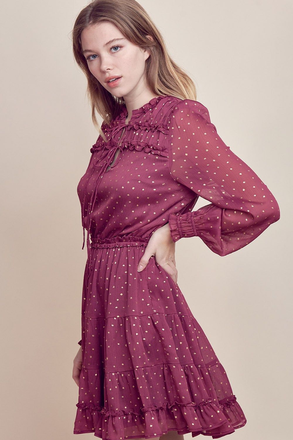 Marsala Ruffle Detailed Tiered Mini Dress sold by Pinkblush product image thumbnail 3