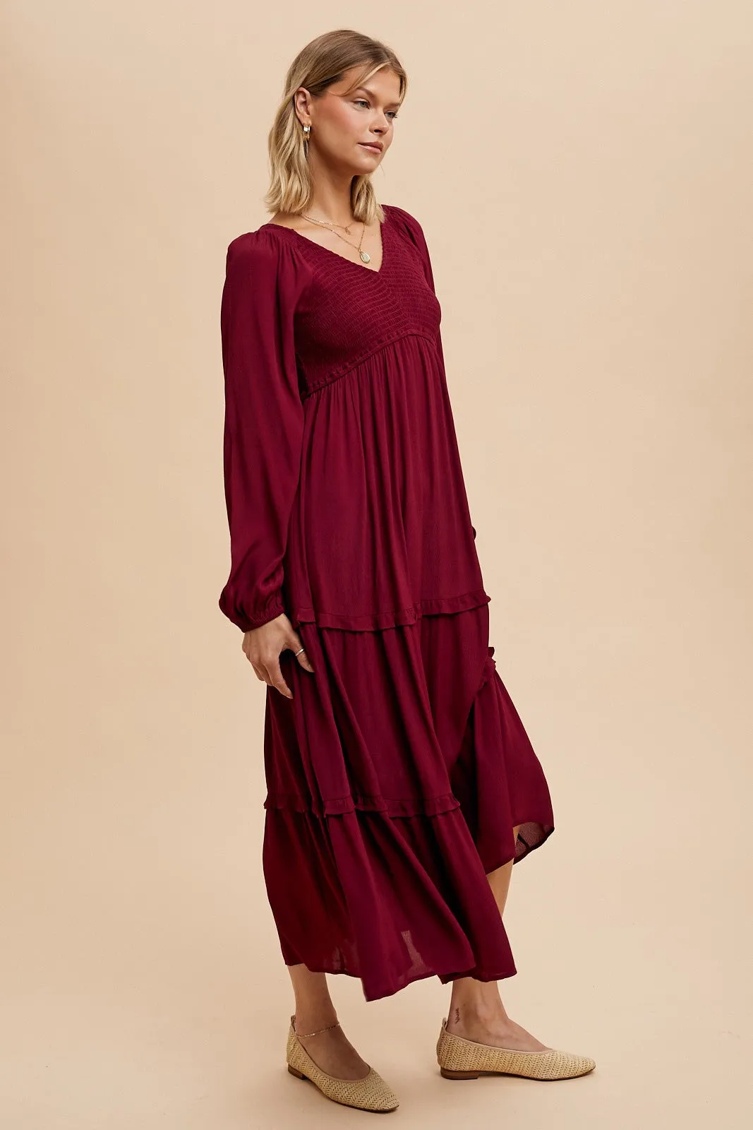 Burgundy Smocked Tiered Midi Dress sold by Pinkblush product image thumbnail 2