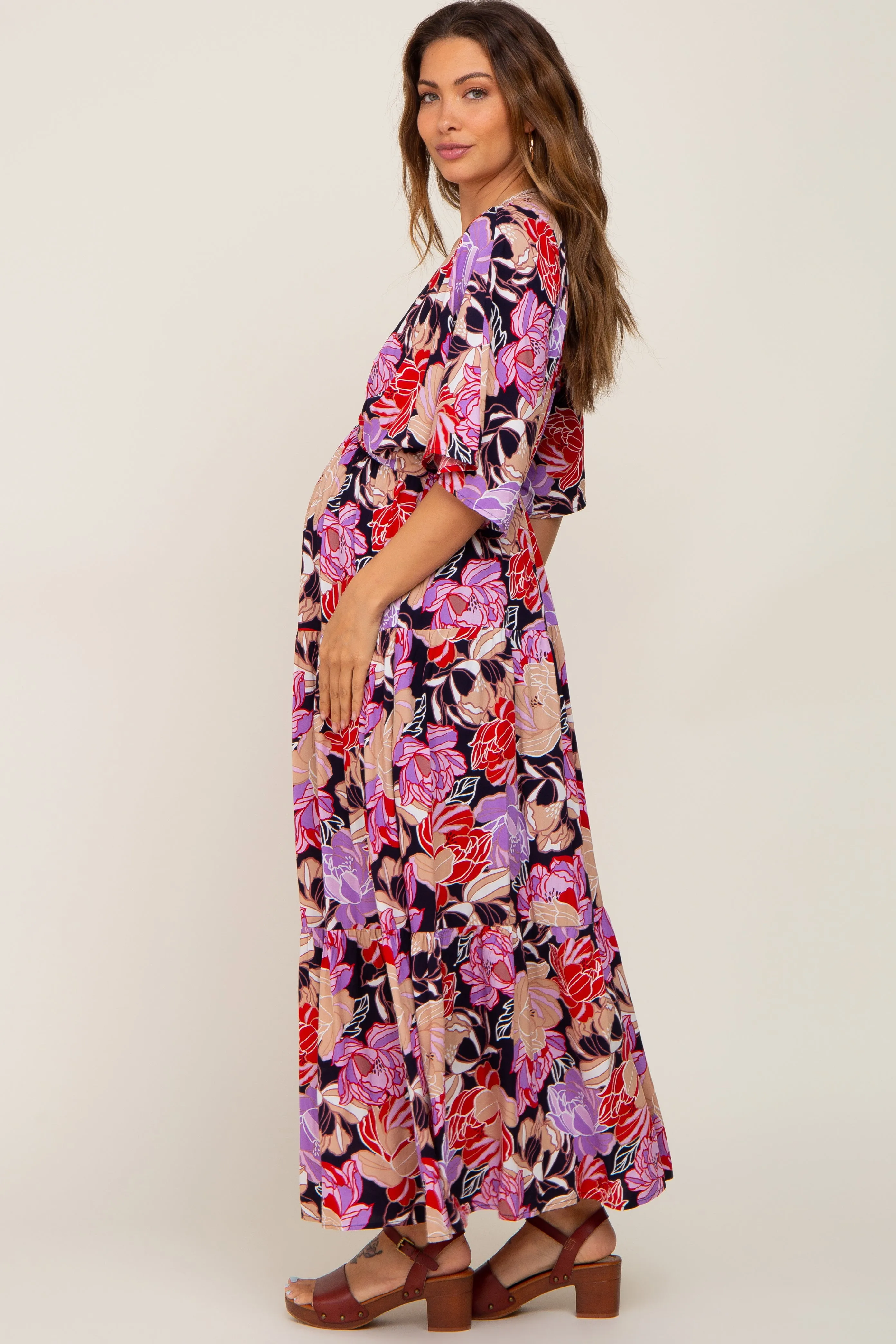 Navy Blue Floral Deep V-Neck Tiered Maternity Maxi Dress sold by Pinkblush product image thumbnail 3