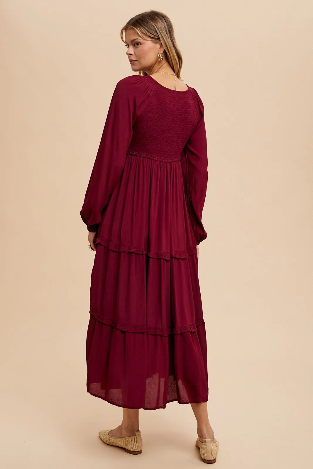 Burgundy Smocked Tiered Midi Dress sold by Pinkblush product image thumbnail 3