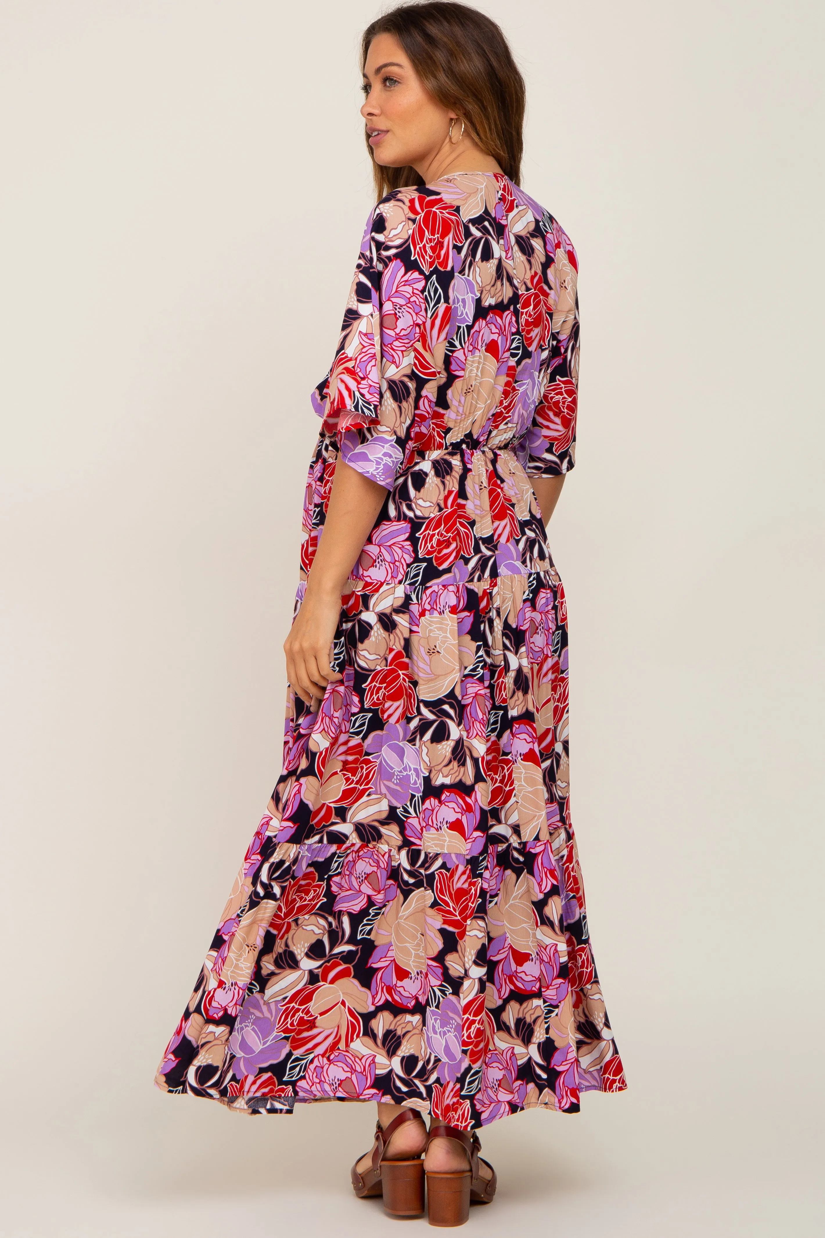 Navy Blue Floral Deep V-Neck Tiered Maternity Maxi Dress sold by Pinkblush product image thumbnail 4