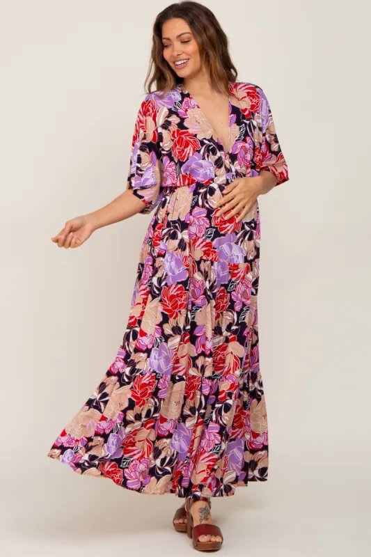 Navy Blue Floral Deep V-Neck Tiered Maternity Maxi Dress sold by Pinkblush
