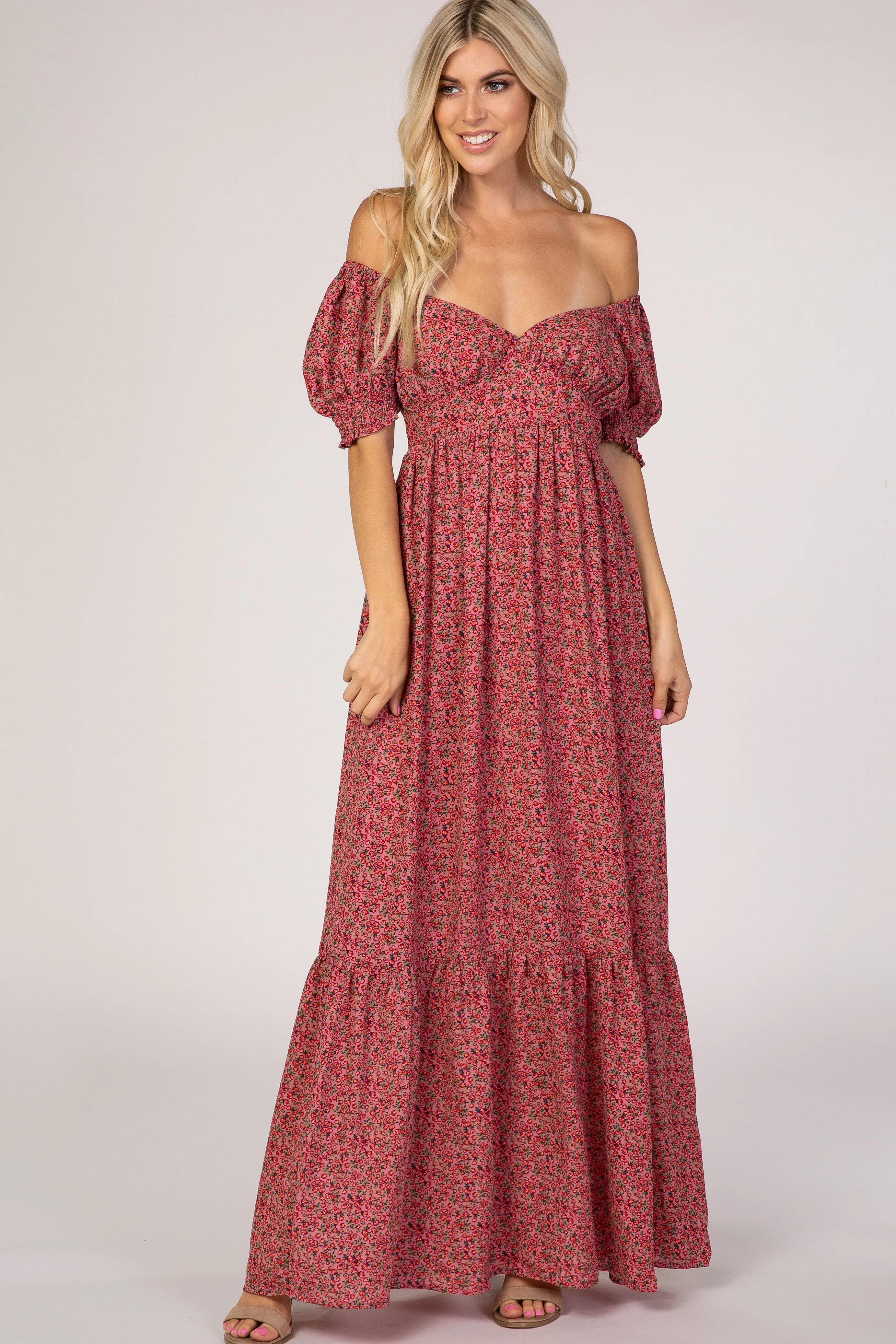 Pink Floral Puff Sleeve Maxi Dress sold by Pinkblush