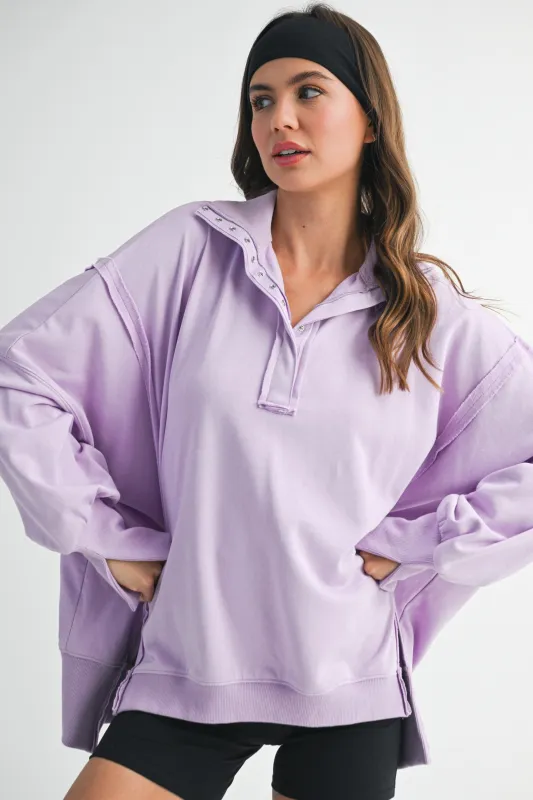 Lilac Snap Button Pullover Henley Sweatshirt sold by Pinkblush