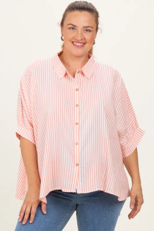 Coral Striped Button Up Short Dolman Sleeve Maternity Plus Top sold by Pinkblush