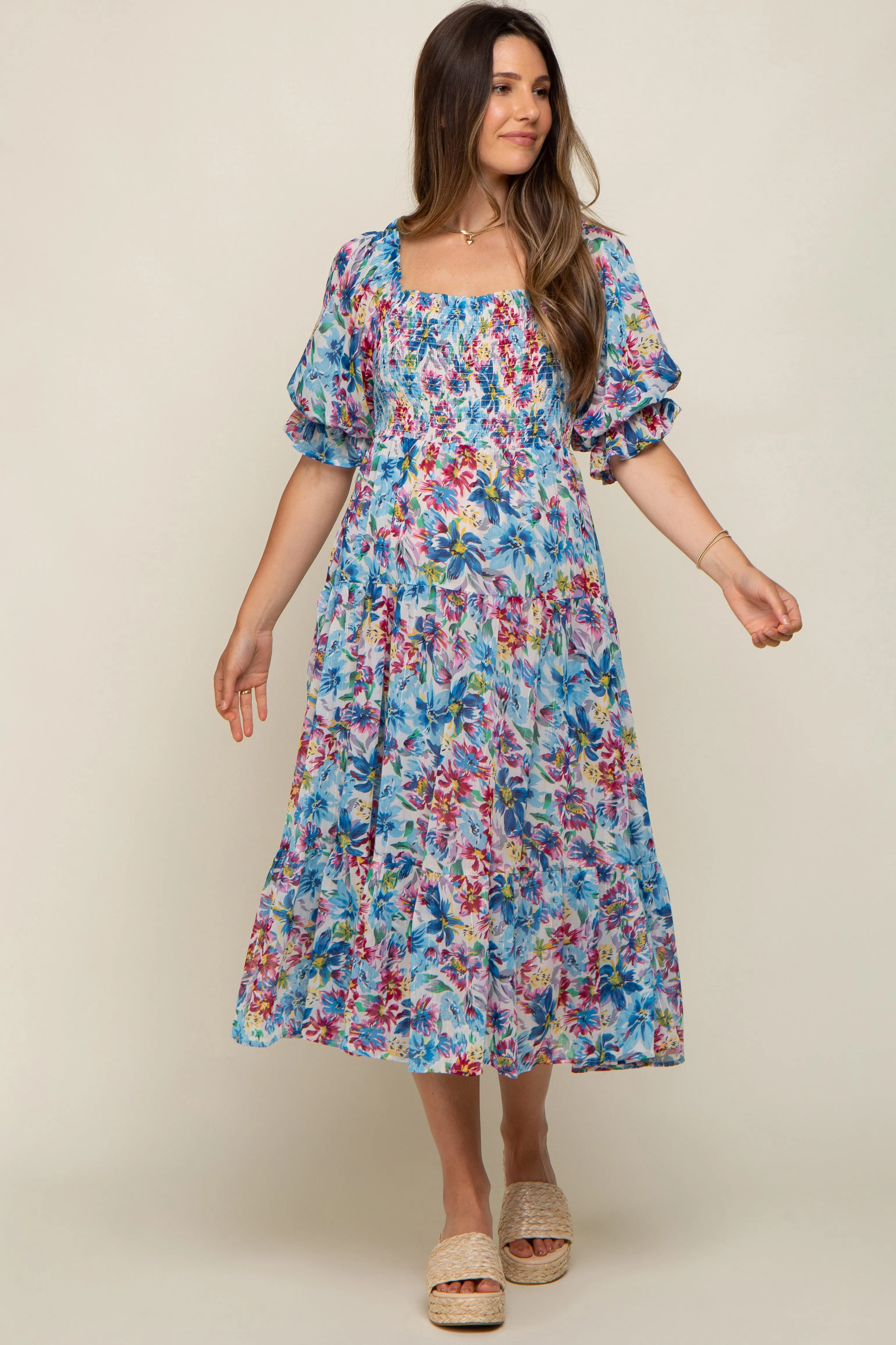 Blue Floral Shimmer Chiffon Ruffle Square Neck Smocked Maternity Midi Dress sold by Pinkblush product image thumbnail 2